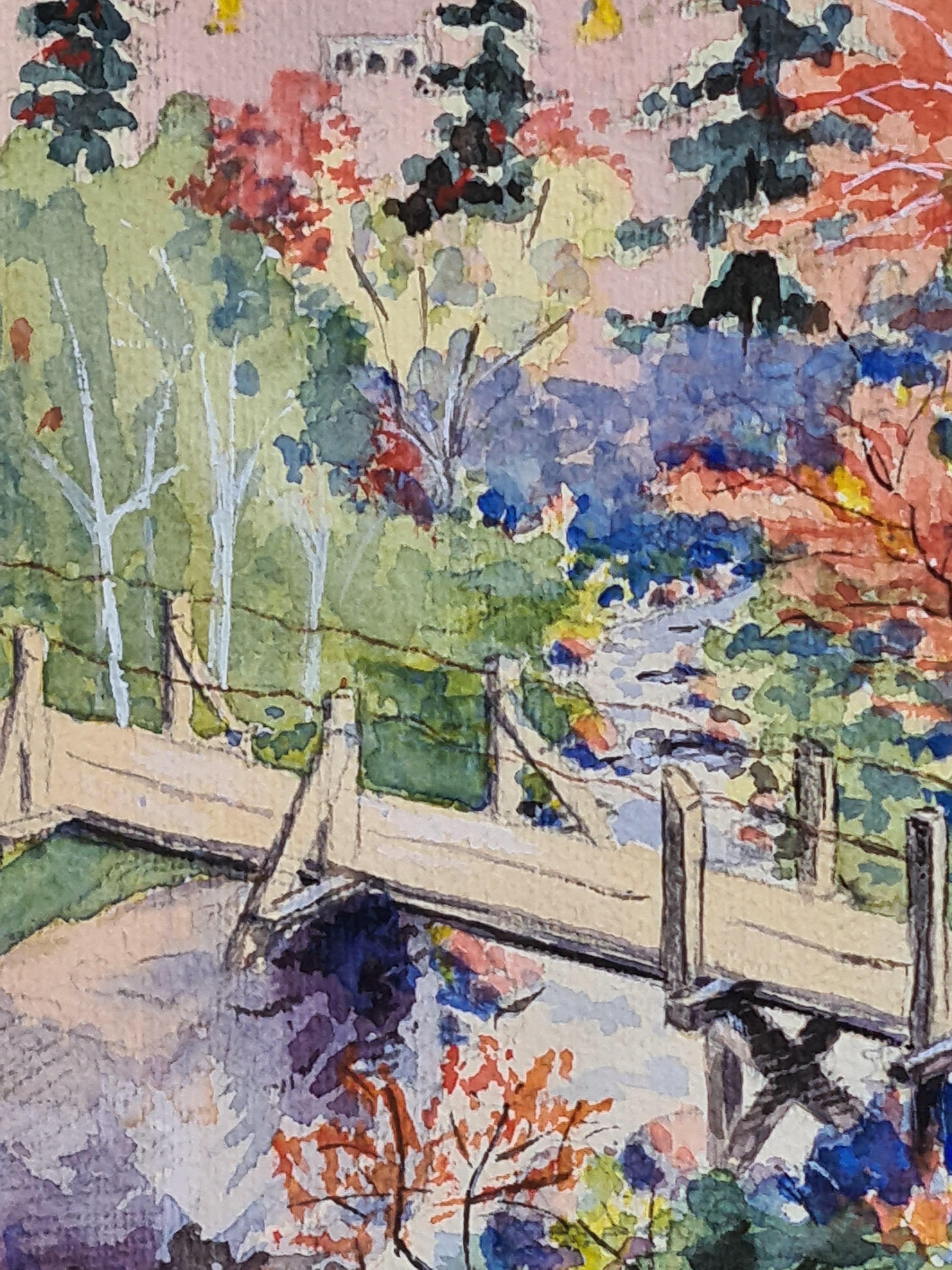 Französischer Impressionist der 1930er Jahre Aquarell eines Flusslaufs in einer Berglandschaft (Impressionismus), Painting, von Henri Clamen