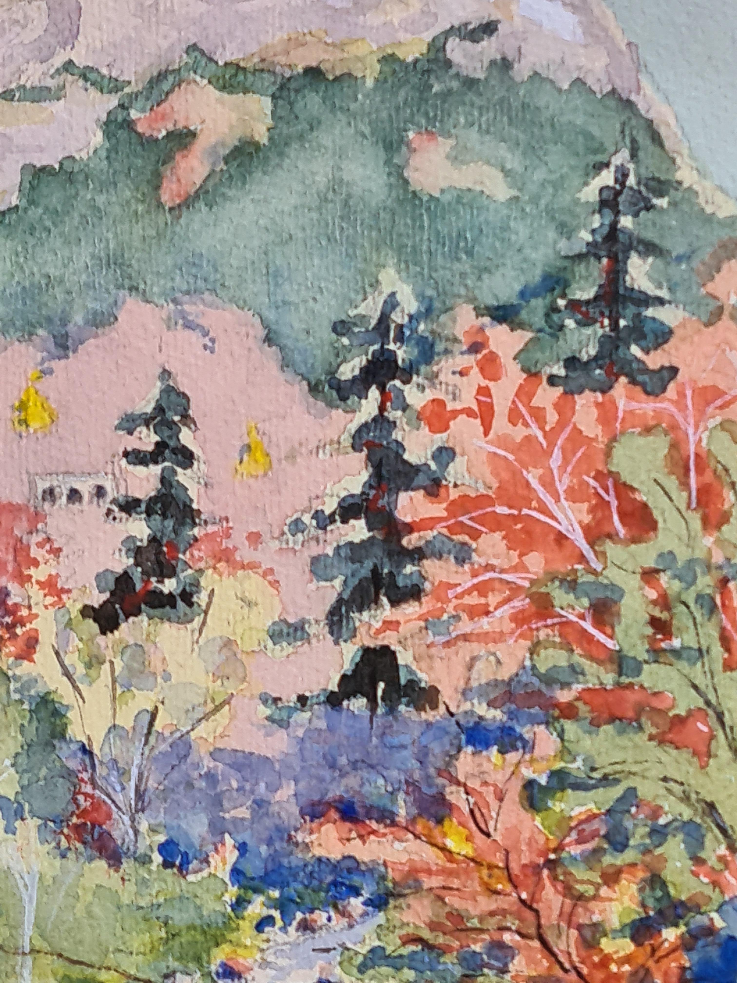 Französischer Impressionist, Aquarell auf Papier, Ansicht einer farbenfrohen Berglandschaft von Henri Clamen. Das Gemälde ist unten rechts signiert.

Ein charmanter Blick auf eine farbenfrohe Berglandschaft. Ein Fluss, der unter einer Holzbrücke