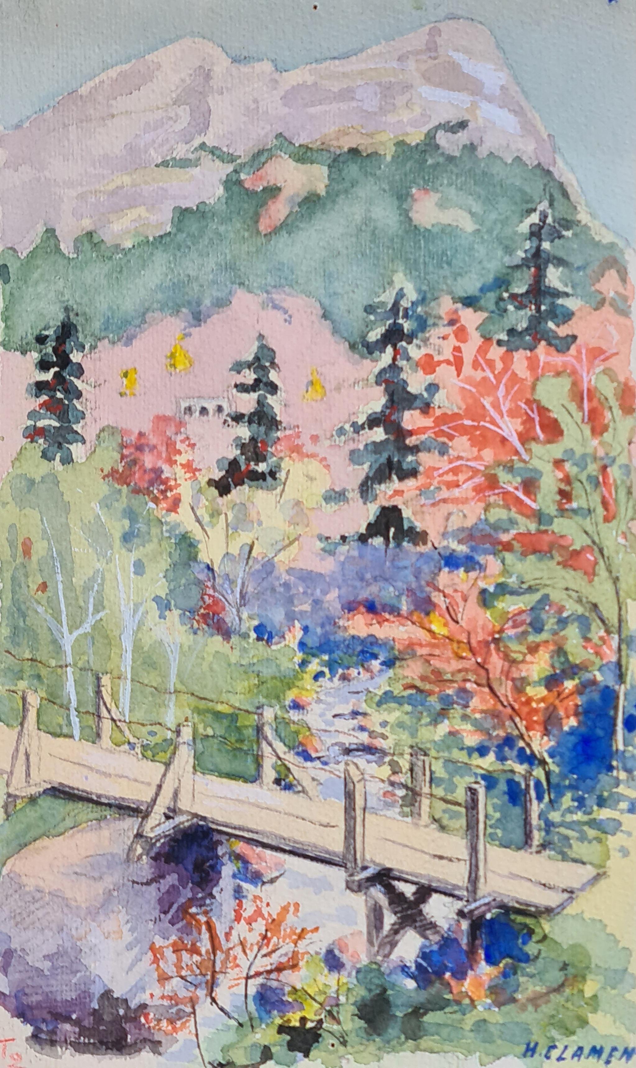 Henri Clamen Landscape Painting – Französischer Impressionist der 1930er Jahre Aquarell eines Flusslaufs in einer Berglandschaft