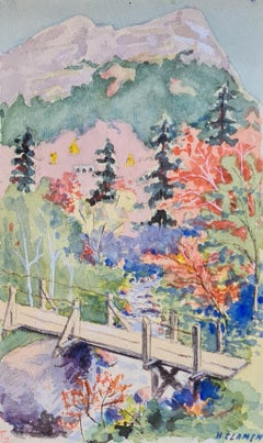 Französischer Impressionist der 1930er Jahre Aquarell eines Flusslaufs in einer Berglandschaft