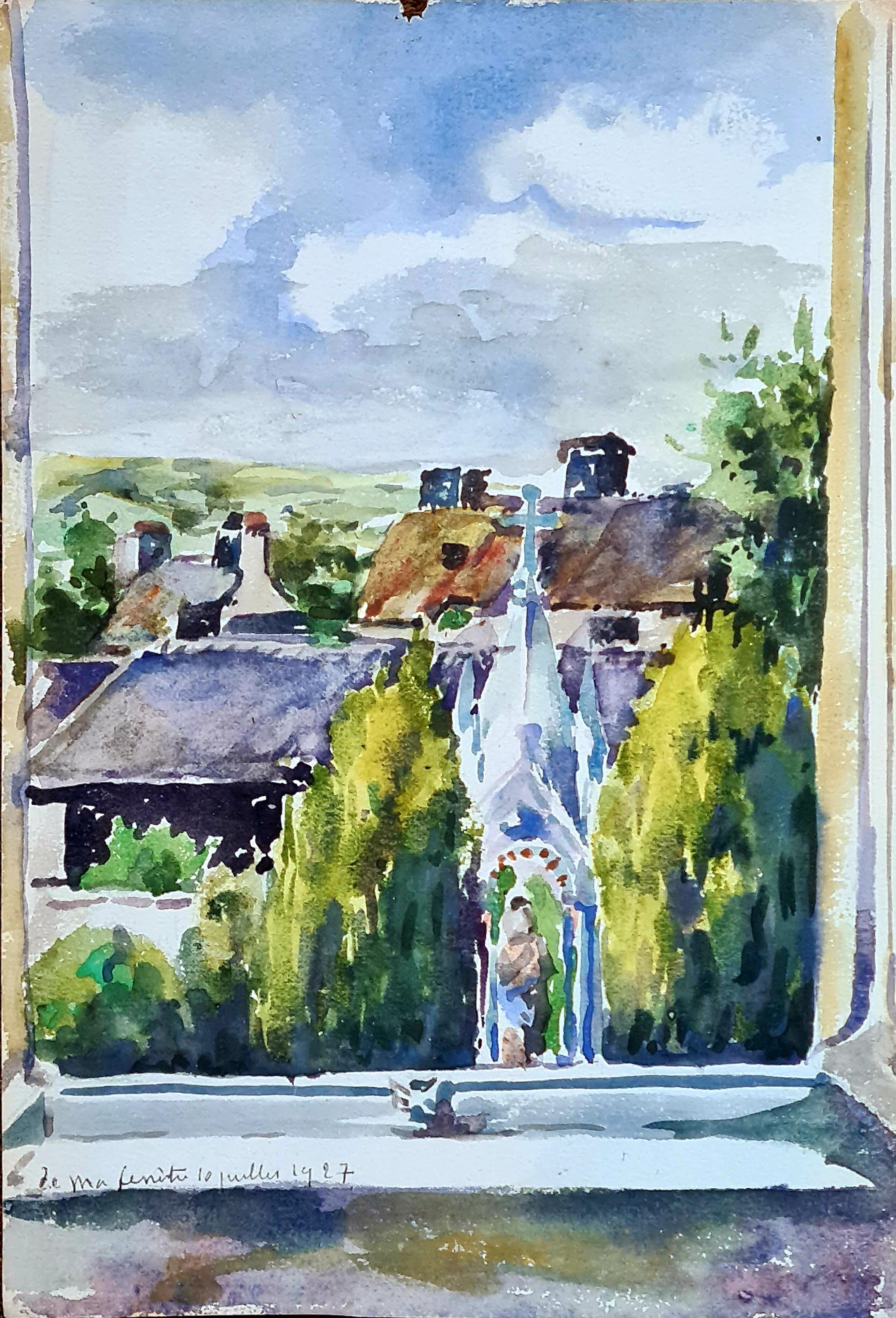 Henri Clamen Landscape Art - French Impressionist Watercolour of a View from a Window