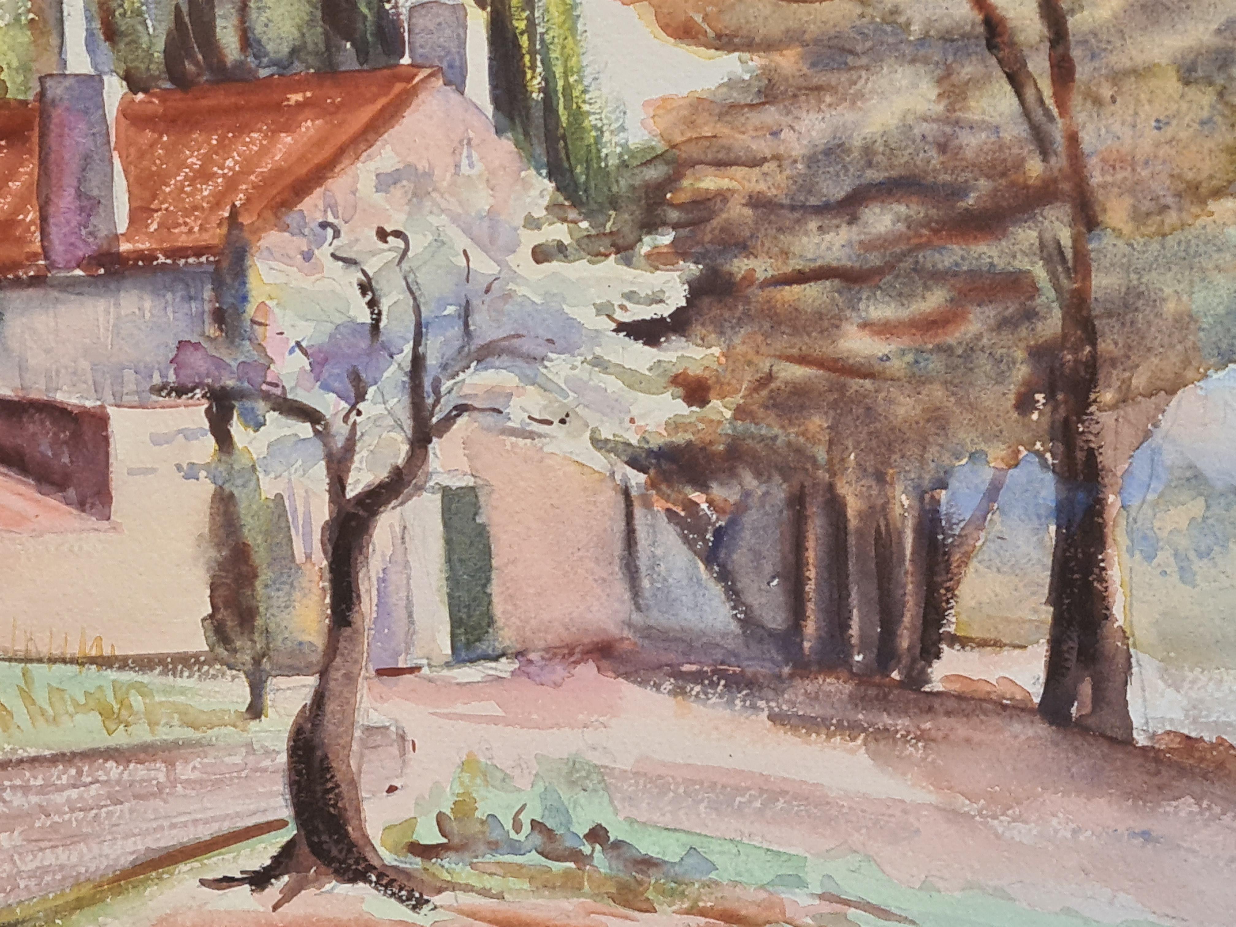 École française de Barbizon des années 1930, bâtiments de ferme dans un paysage - Art de Henri Clamen