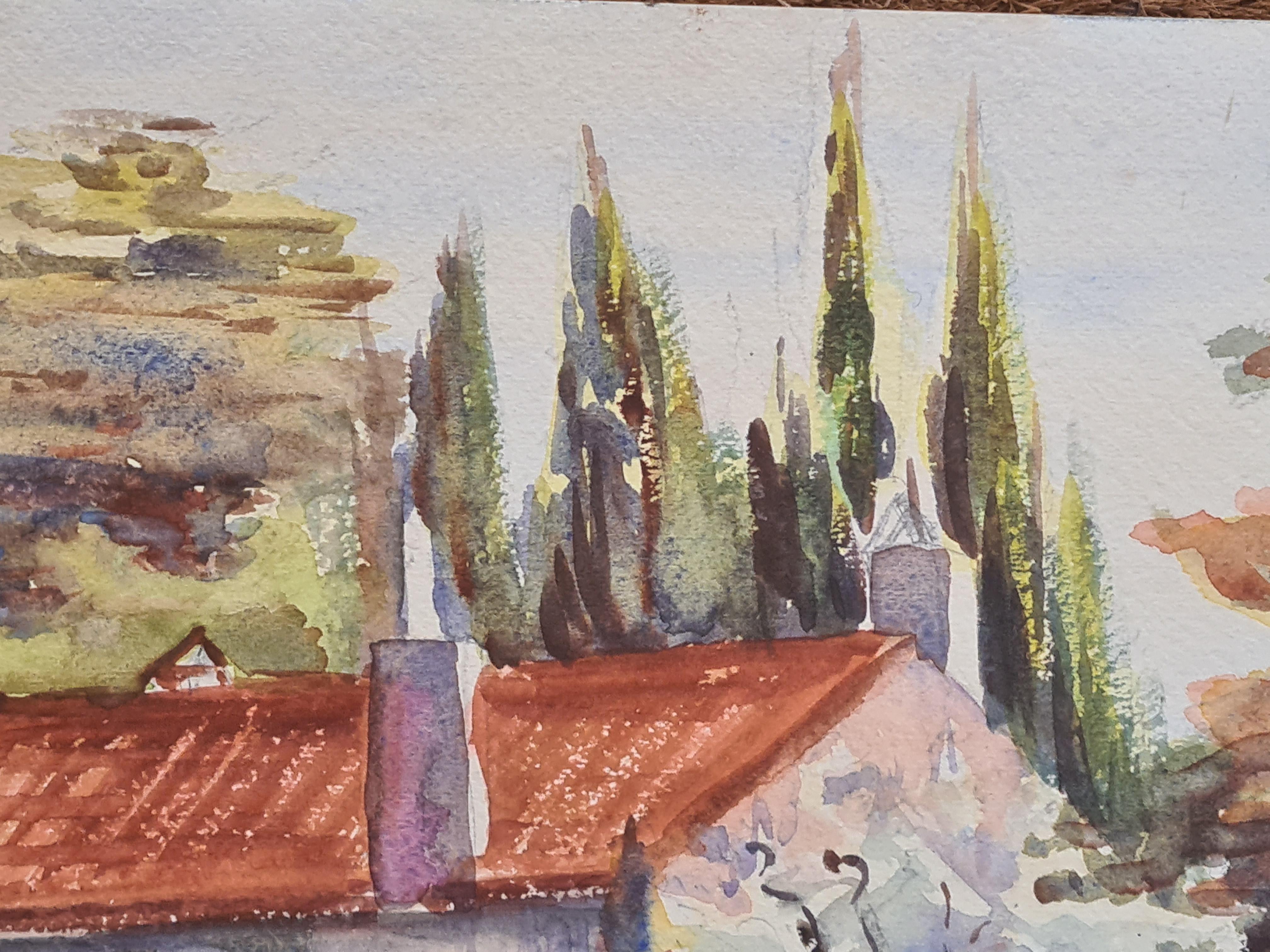 Französisches Aquarell auf Papier der Barbizon-Schule, Ansicht einer ländlichen französischen Szene von Henri Clamen. Das Gemälde ist nicht signiert, sondern wurde mit anderen signierten Gemälden aus dem Atelier des Künstlers erworben.

Ein