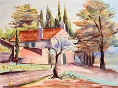Französische Barbizon-Schule von 1930, landwirtschaftliche Gebäude in einer Landschaft