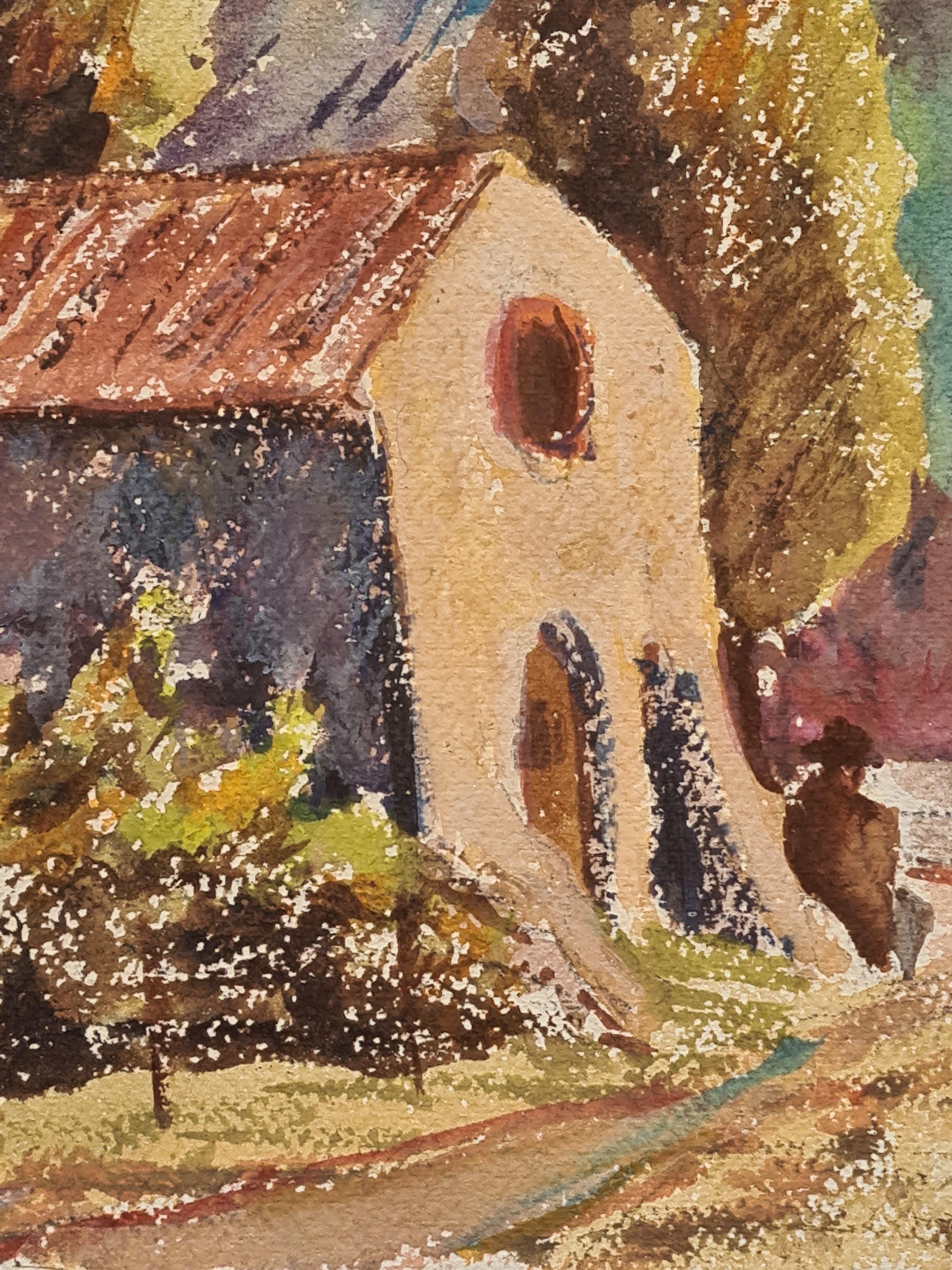 Französischer Impressionist: Aquarell einer Kapelle in Nyons – Art von Henri Clamen