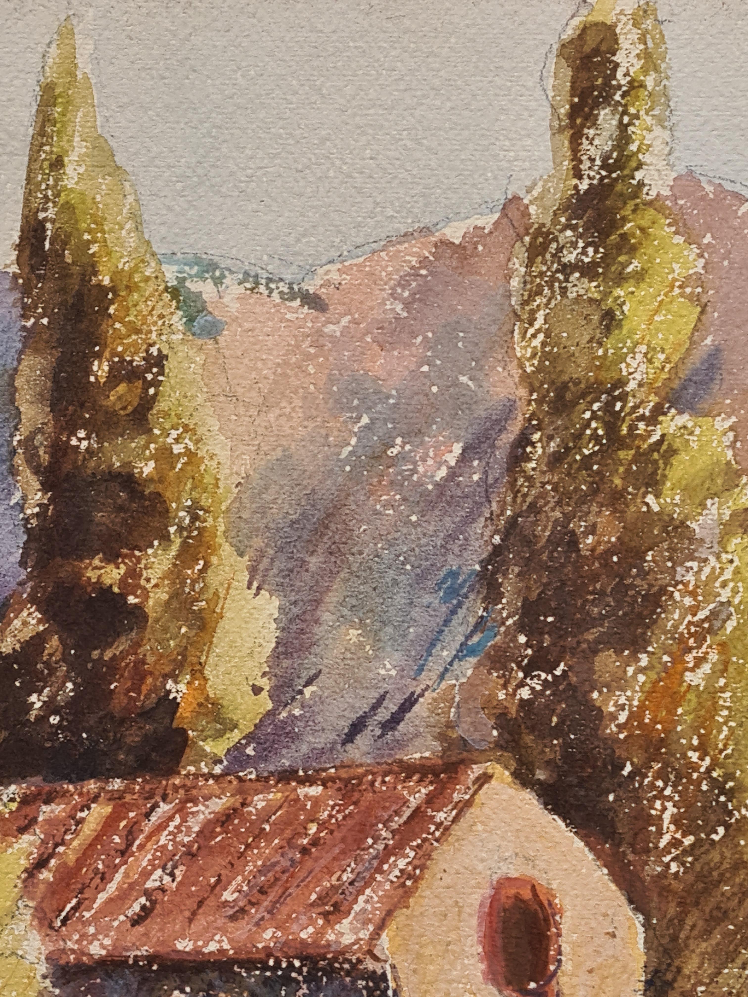 French Impressionist Watercolour of a Chapel at Nyons - Beige Landscape Art by Henri Clamen