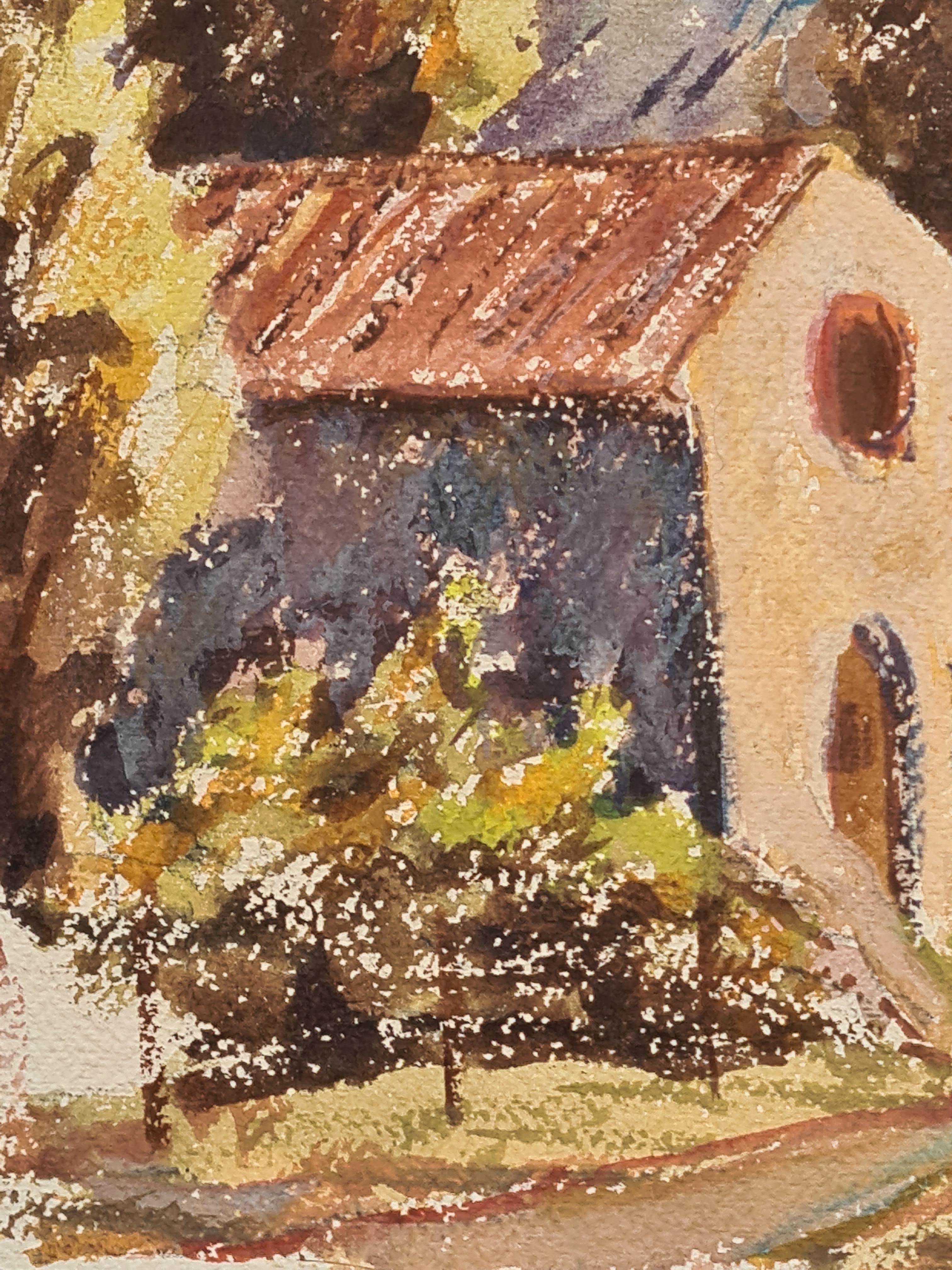Französisches impressionistisches Aquarell auf Papier mit einer Kapelle in einer Landschaft von Henri Clamen. Das Gemälde ist auf der Rückseite des Papiers betitelt und datiert. Es ist zwar nicht signiert, wurde aber zusammen mit anderen signierten