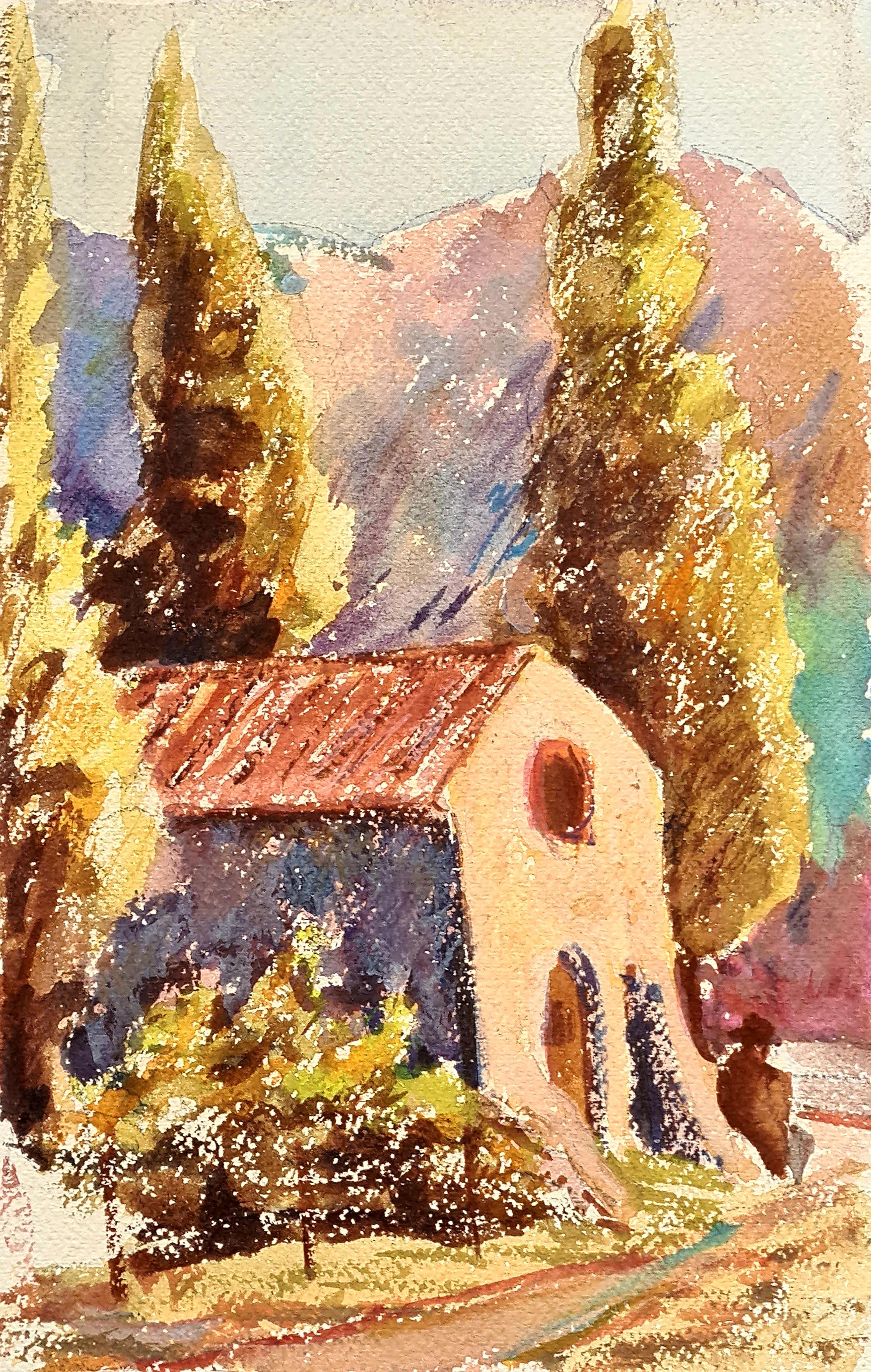 Acuarela impresionista francesa de una capilla en Nyons