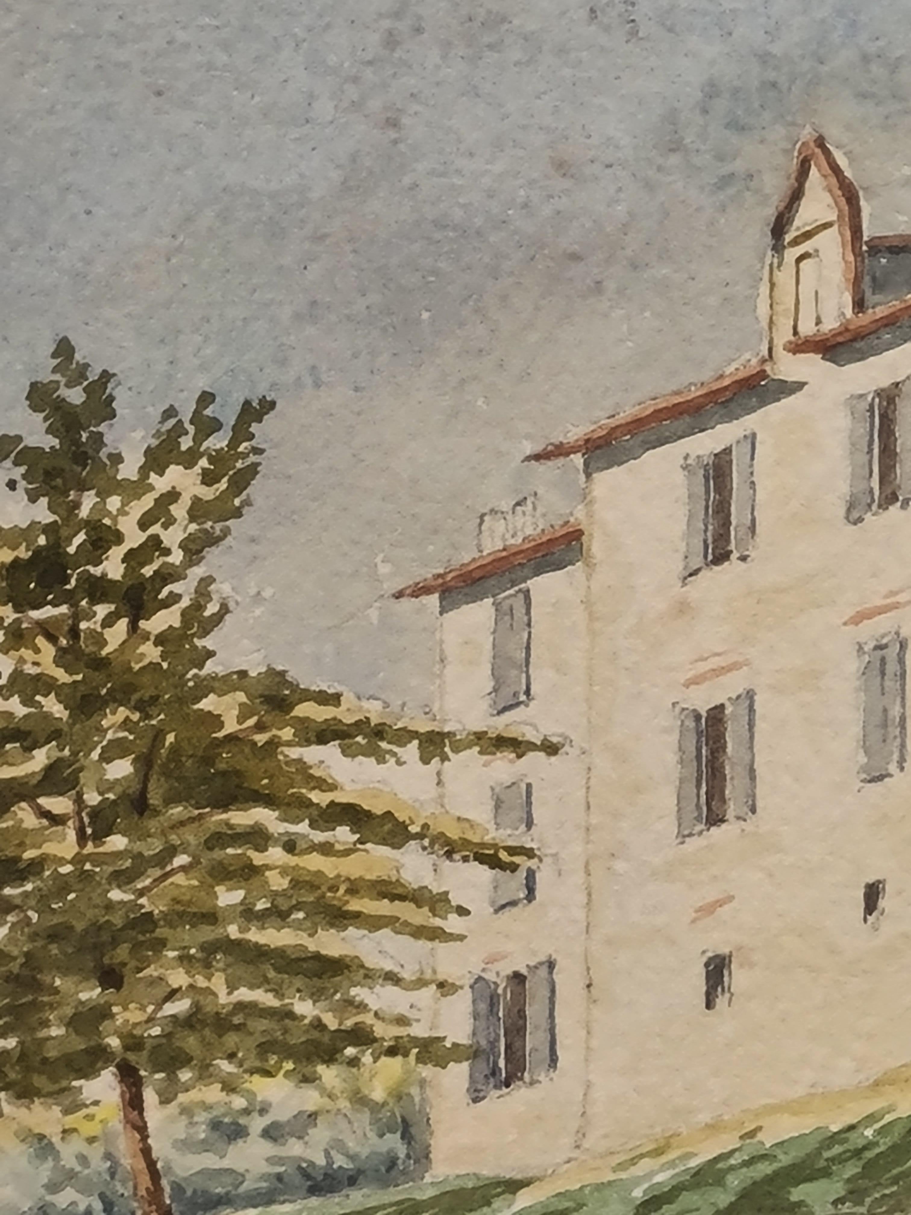 French Barbizon School watercolour on paper view of a chateau in a park by Henri Clamen. The painting is not signed but was acquired from the artist's atelier with other signed paintings.

A charming view of an imposing chateau sitting in the