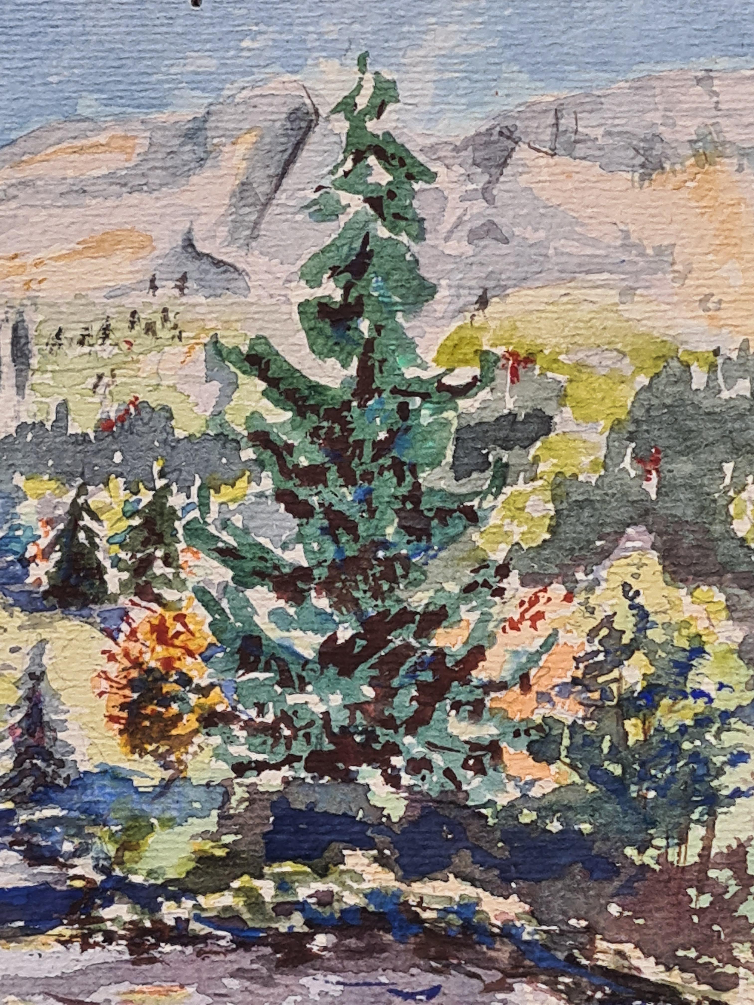 Französischer Impressionist der 1930er Jahre: Aquarell einer Wald- und Berglandschaft (Impressionismus), Art, von Henri Clamen