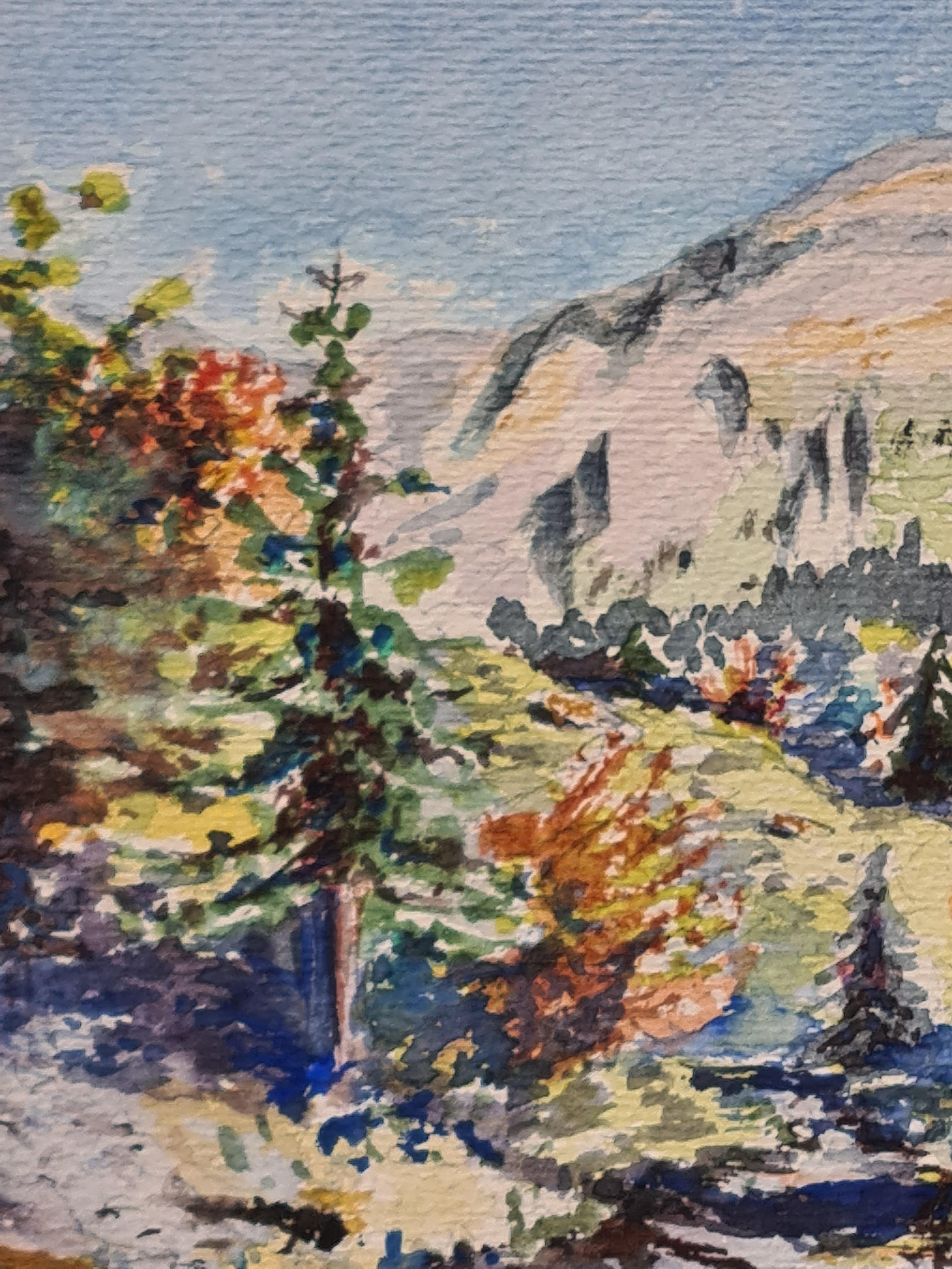 Französischer Impressionist, Aquarell auf Papier, Ansicht einer farbenfrohen Wald- und Berglandschaft von Henri Clamen. Das Gemälde ist unten rechts signiert.

Ein charmanter Blick auf eine farbenfrohe Berglandschaft. Majestätische Kiefern und