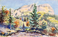 Aquarelle impressionniste française des années 1930 représentant un paysage forestier et montagneux