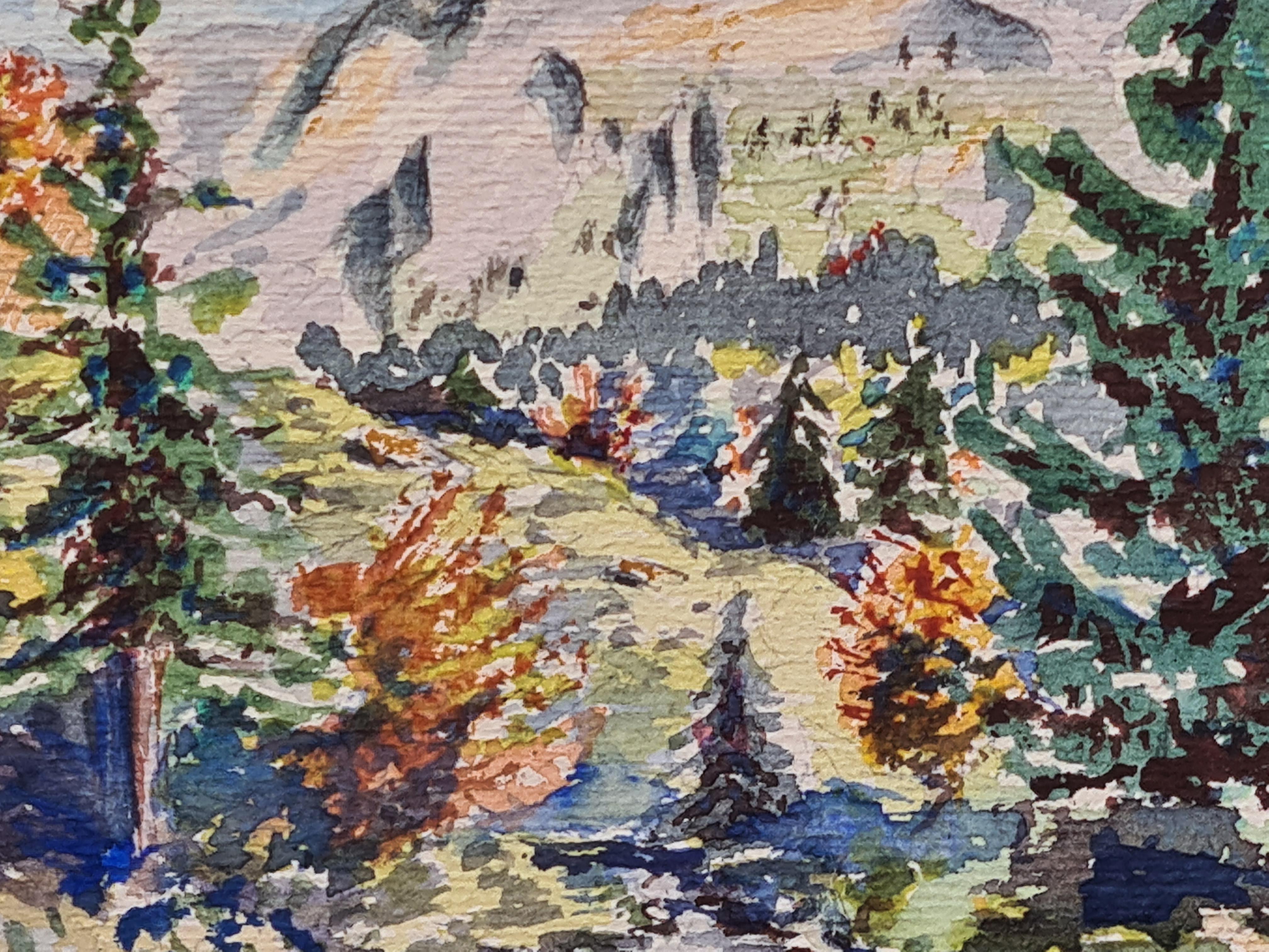 Aquarelle impressionniste française des années 1930 représentant un paysage forestier et montagneux 1