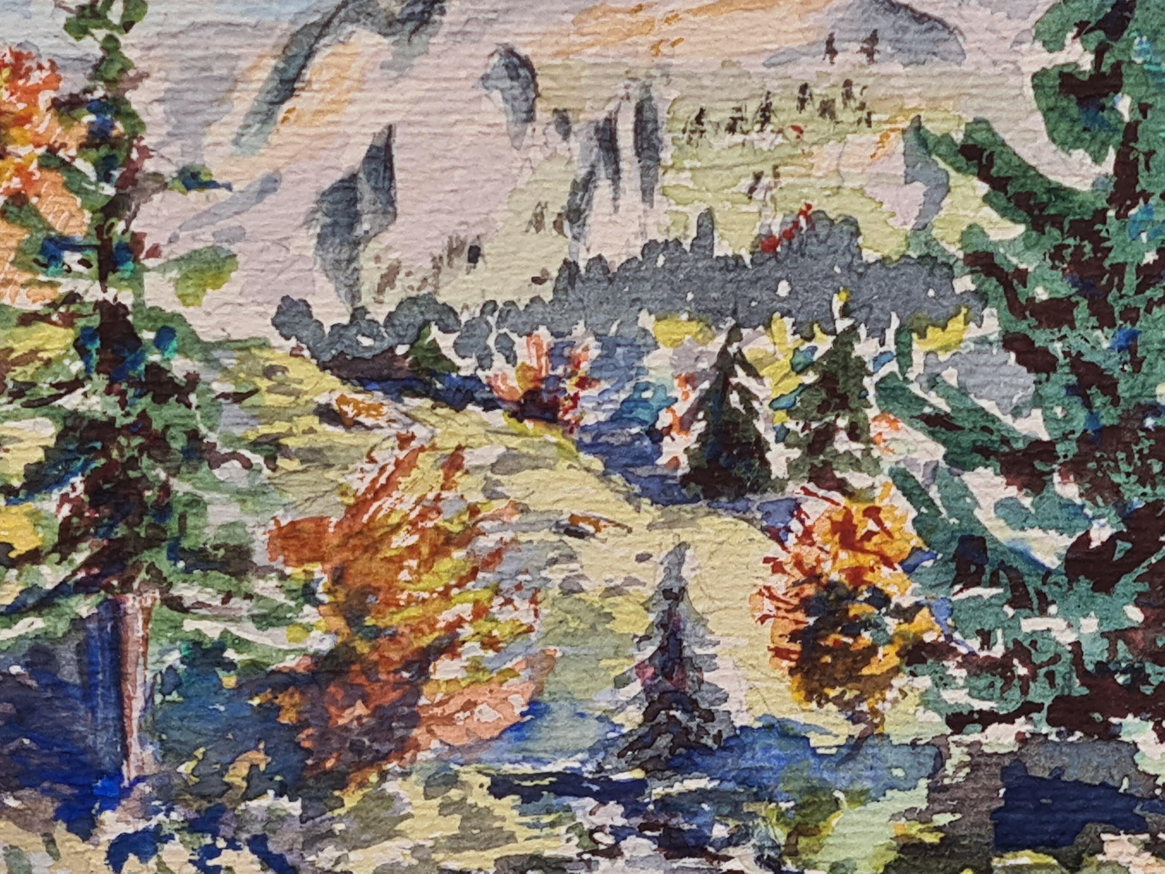 Französischer Impressionist der 1930er Jahre: Aquarell einer Wald- und Berglandschaft im Angebot 2