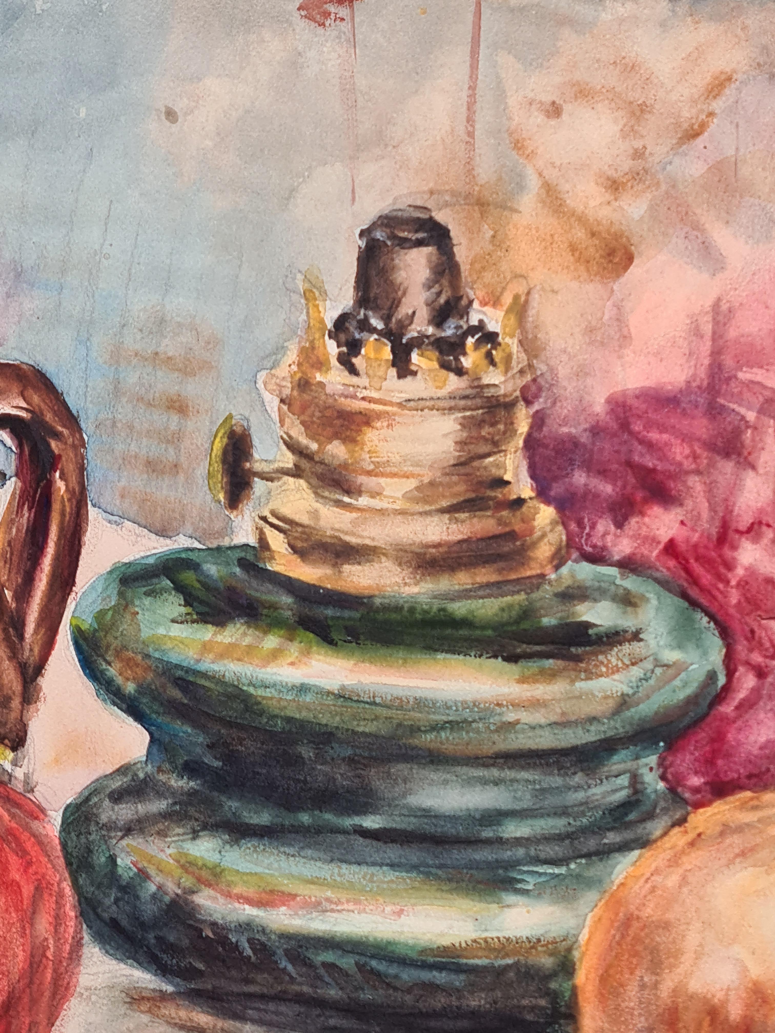 Französischer Impressionist, Aquarell auf Papier, Ansicht eines farbenfrohen Tischstilllebens von Henri Clamen. Das Gemälde ist nicht signiert, sondern wurde zusammen mit anderen signierten Werken aus dem Atelier des Künstlers erworben.

Ein