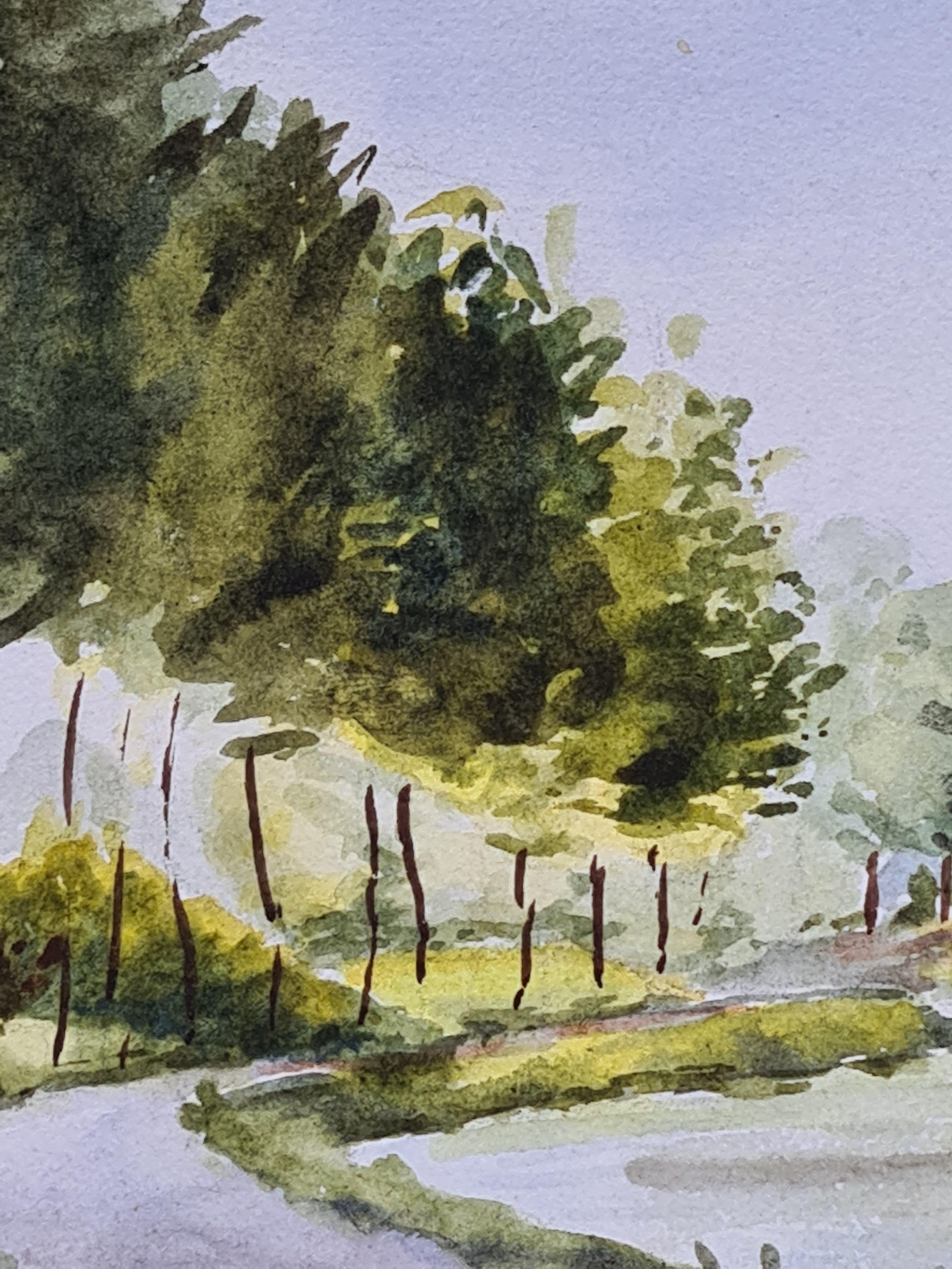 1930er Jahre Französisch Impressionist Aquarell von Le Canal in Peronne Cléry (Grau), Landscape Art, von Henri Clamen