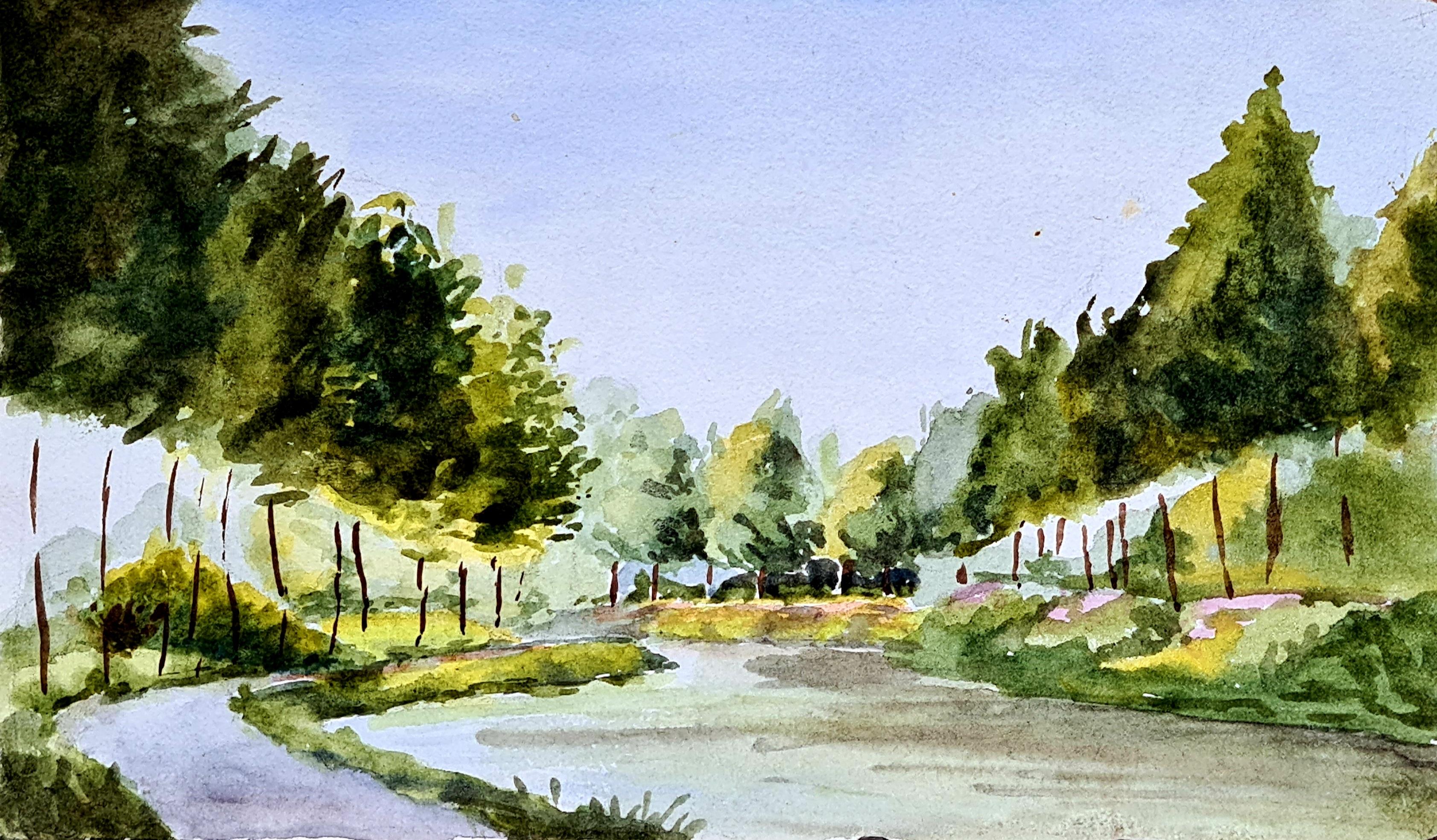 Henri Clamen Landscape Painting - 1930s French Impressionist Watercolour of Le Canal at Peronne Cléry
