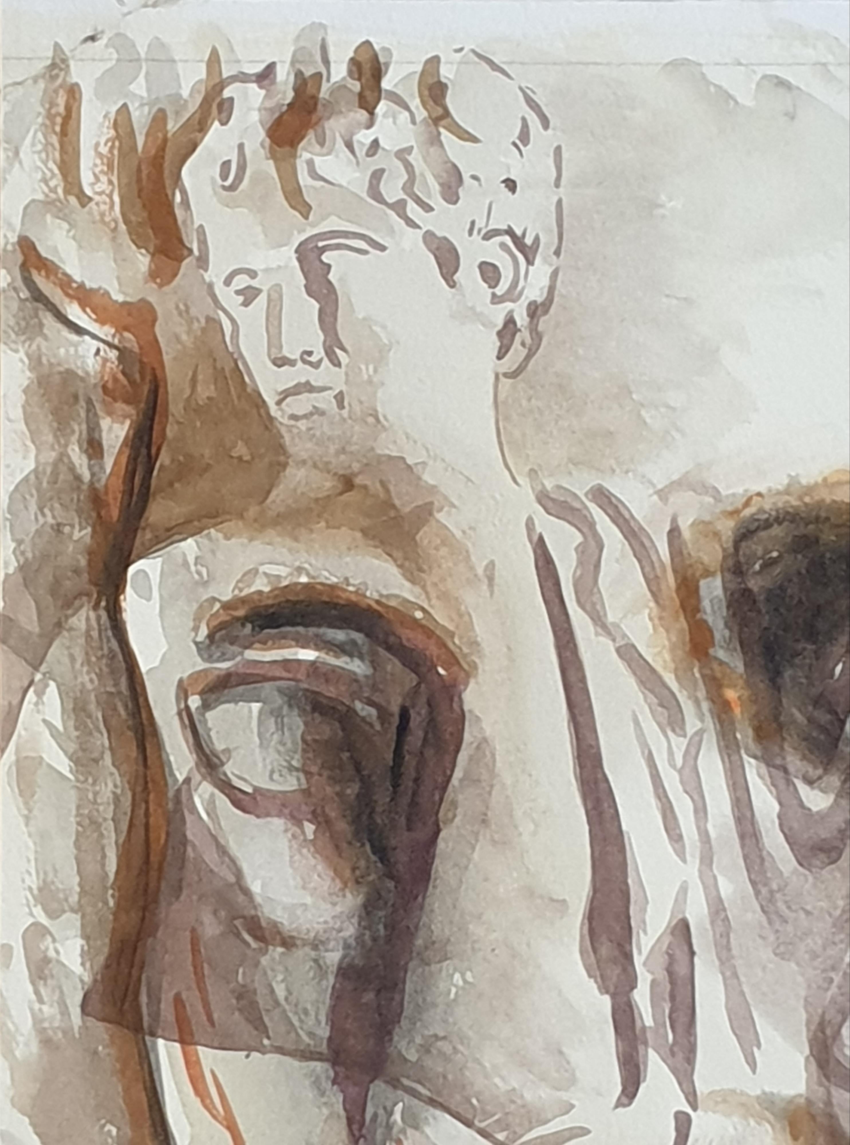 Late 20th century gouache and watercolour on paper of a Roman-Graeco head and two figures by British artist Derek Carruthers.  Signed bottom right and dated Feb 1986 to the reverse.

An imposing painting of a colossal classical heroic Graeco-Roman