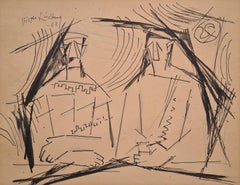 Constructivist Scandinavian Mid Century Drawing of 'The Conversation'