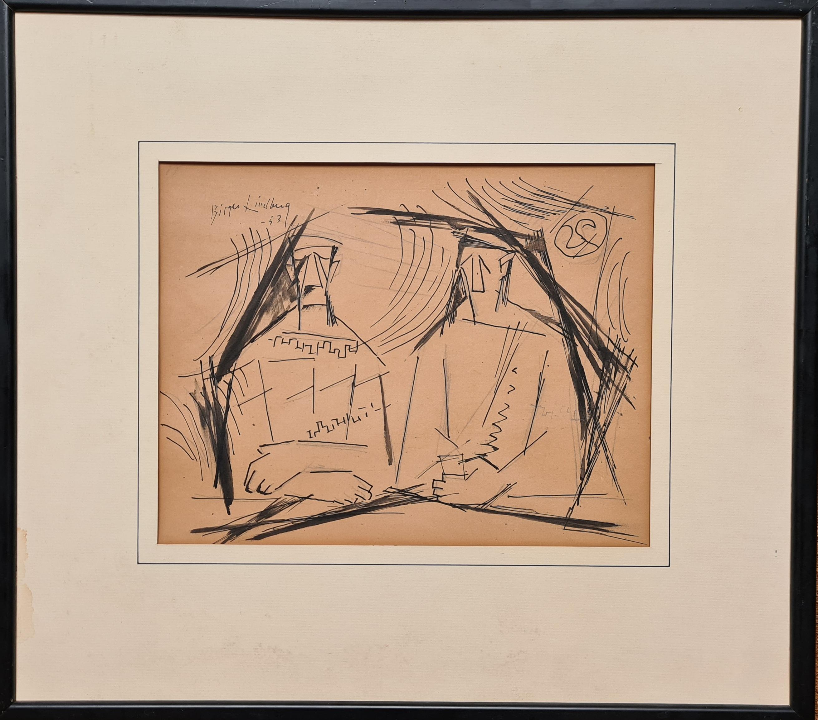 Constructivist Scandinavian Mid Century Drawing of 'The Conversation' - Art by Birger Lindberg