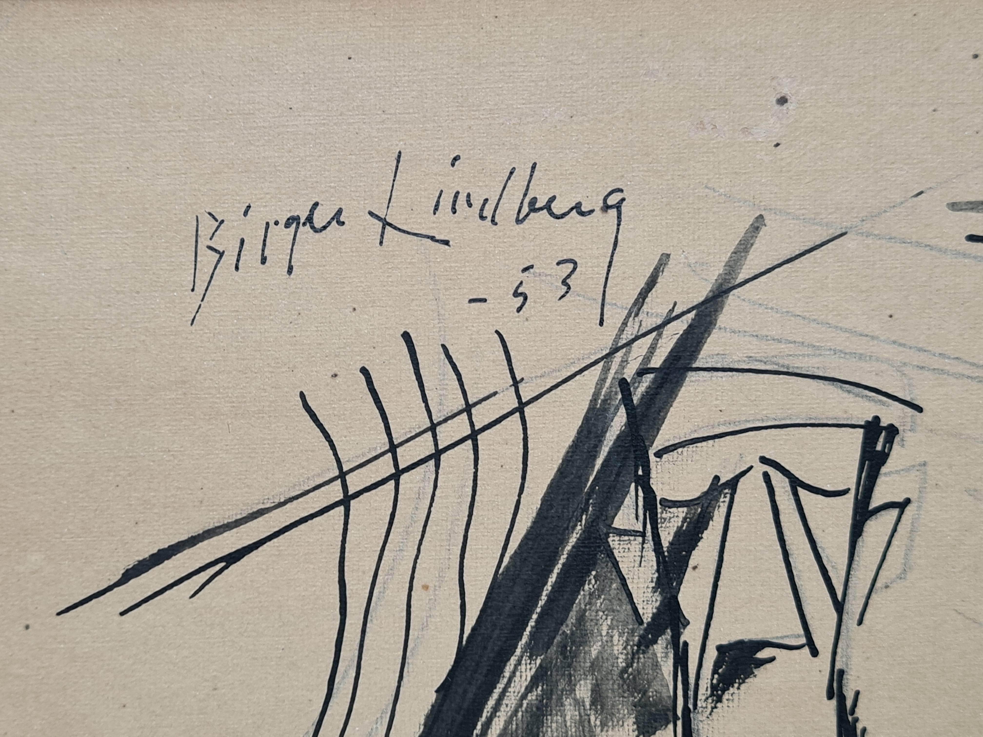 Mid Century Swedish drawing of two men in conversation by Birger Lindberg. The work is signed and dated top left.. presented in plain wood frame with card mount.

A charming view of two men in costume chatting (or not?) at a bar. The right figure is