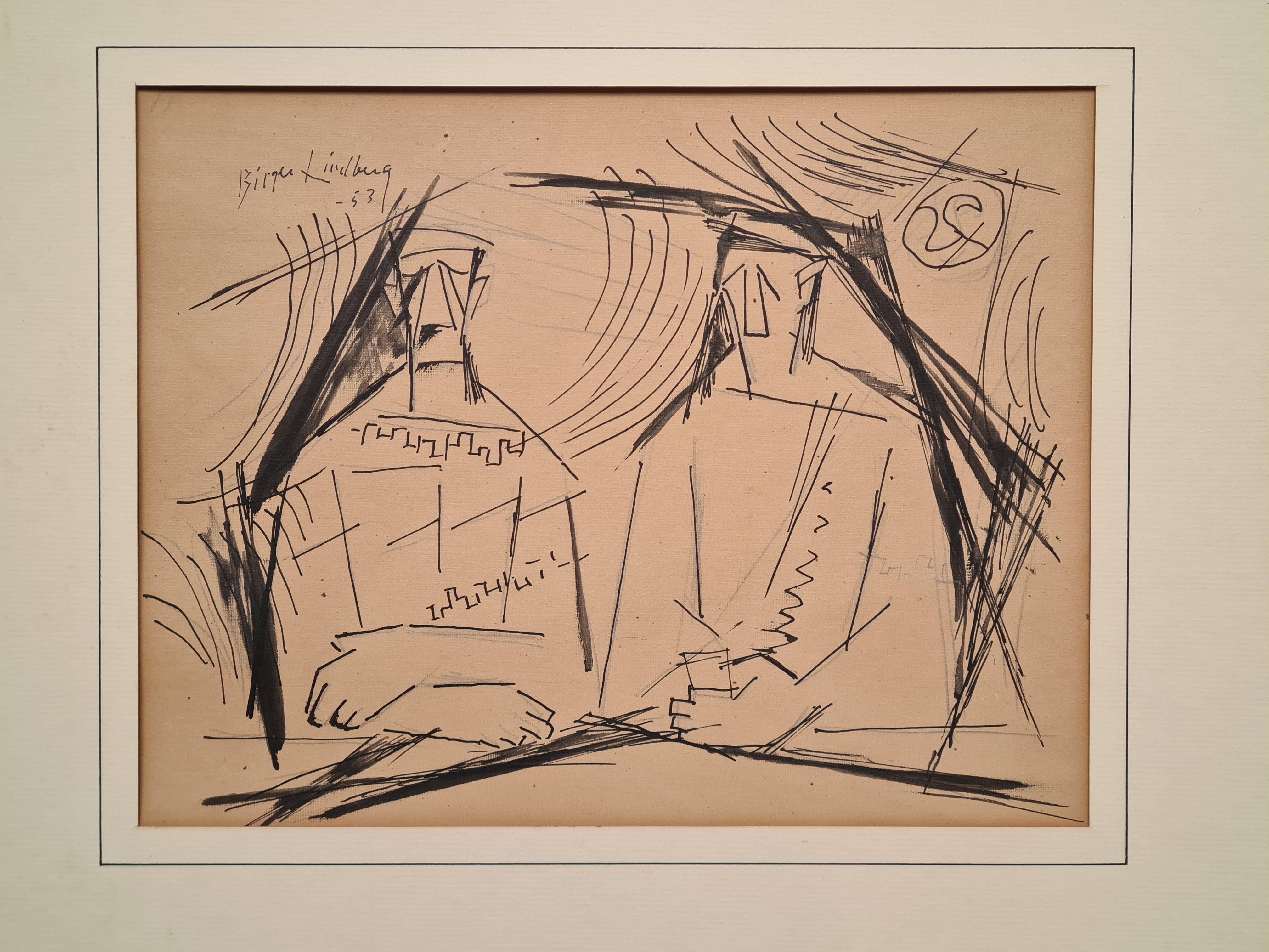 Constructivist Scandinavian Mid Century Drawing of 'The Conversation' - Beige Figurative Art by Birger Lindberg