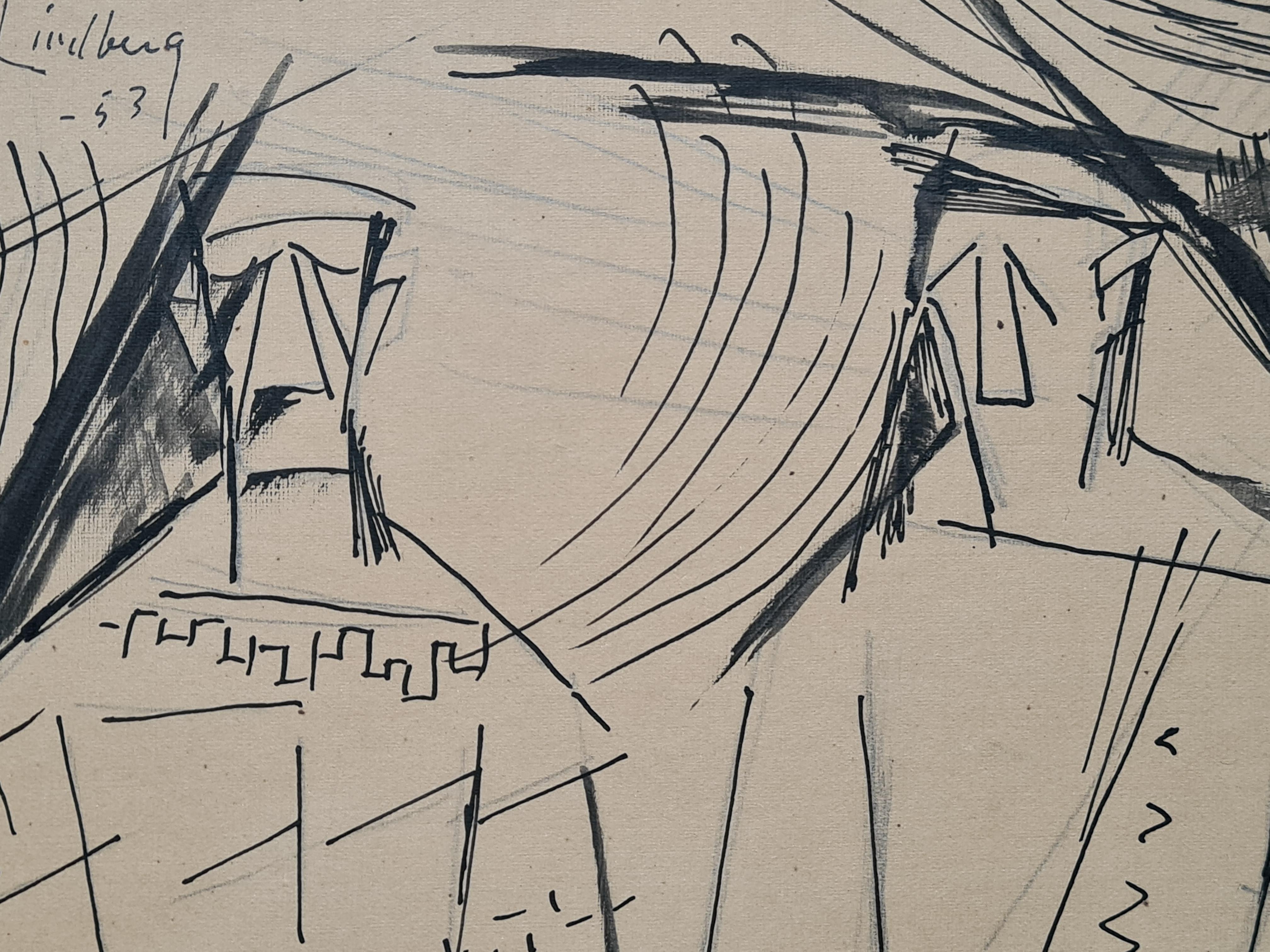 Constructivist Scandinavian Mid Century Drawing of 'The Conversation' For Sale 4