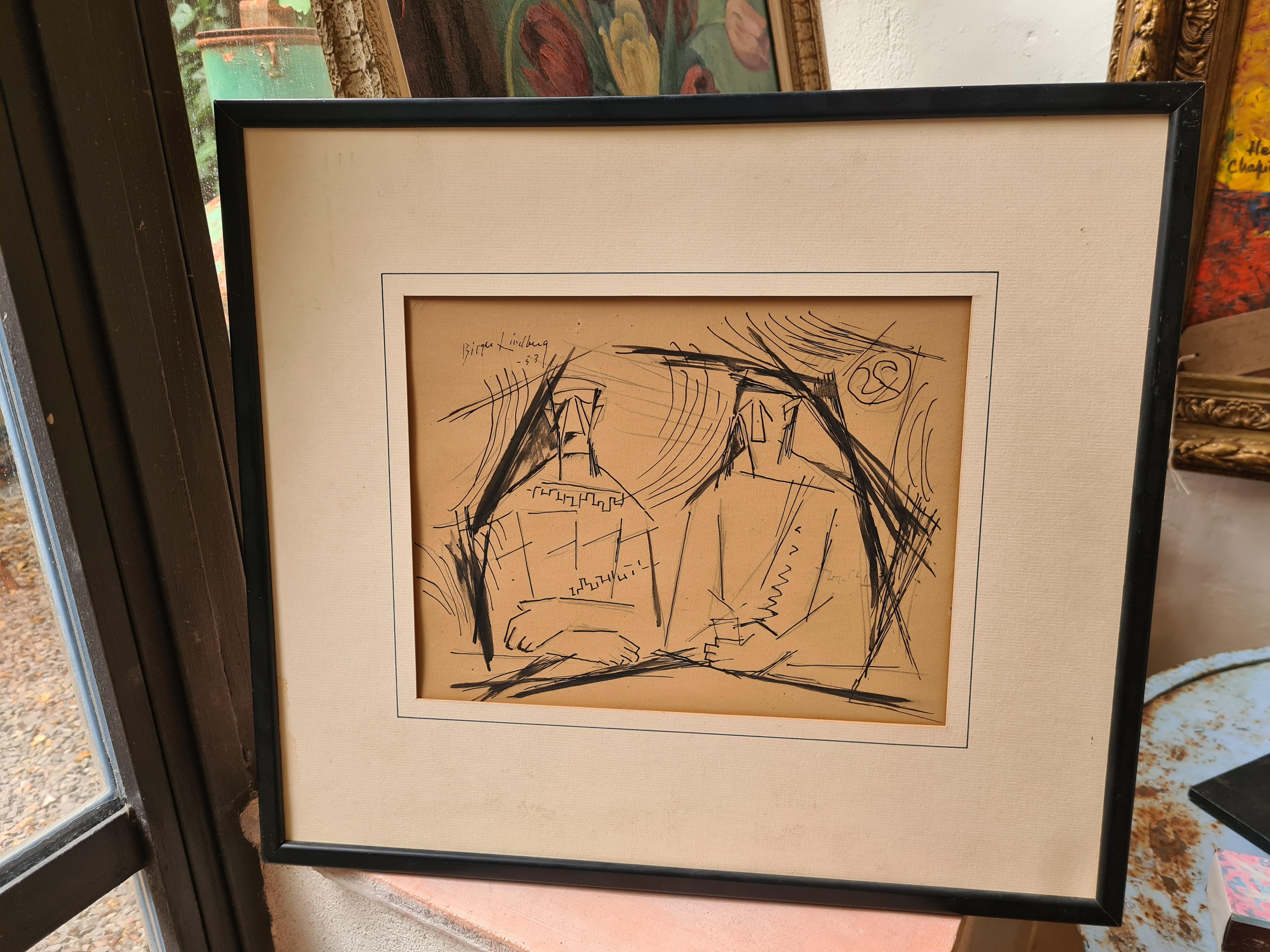 Constructivist Scandinavian Mid Century Drawing of 'The Conversation' For Sale 5