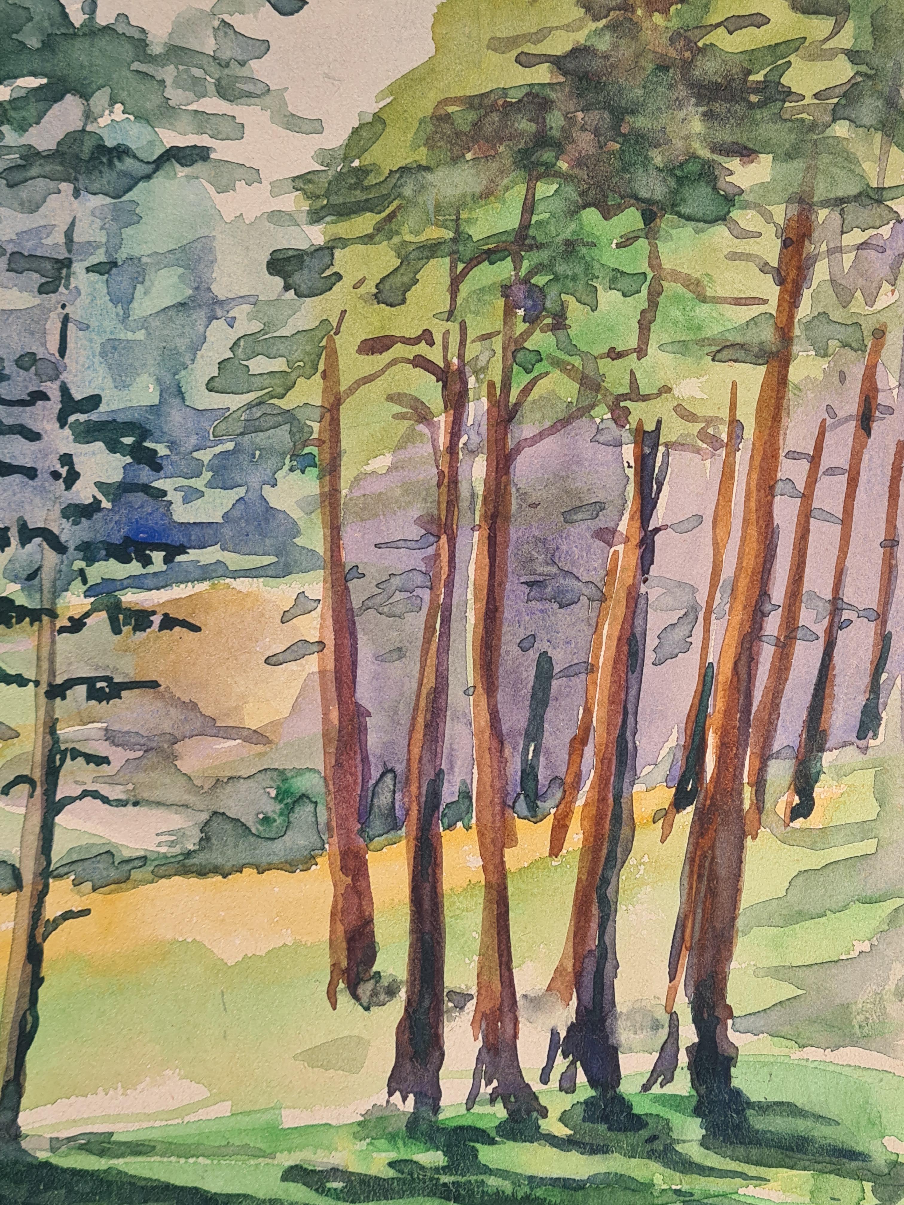 French Barbizon School Watercolour of a Forest at Craponne - Painting by Henri Clamen