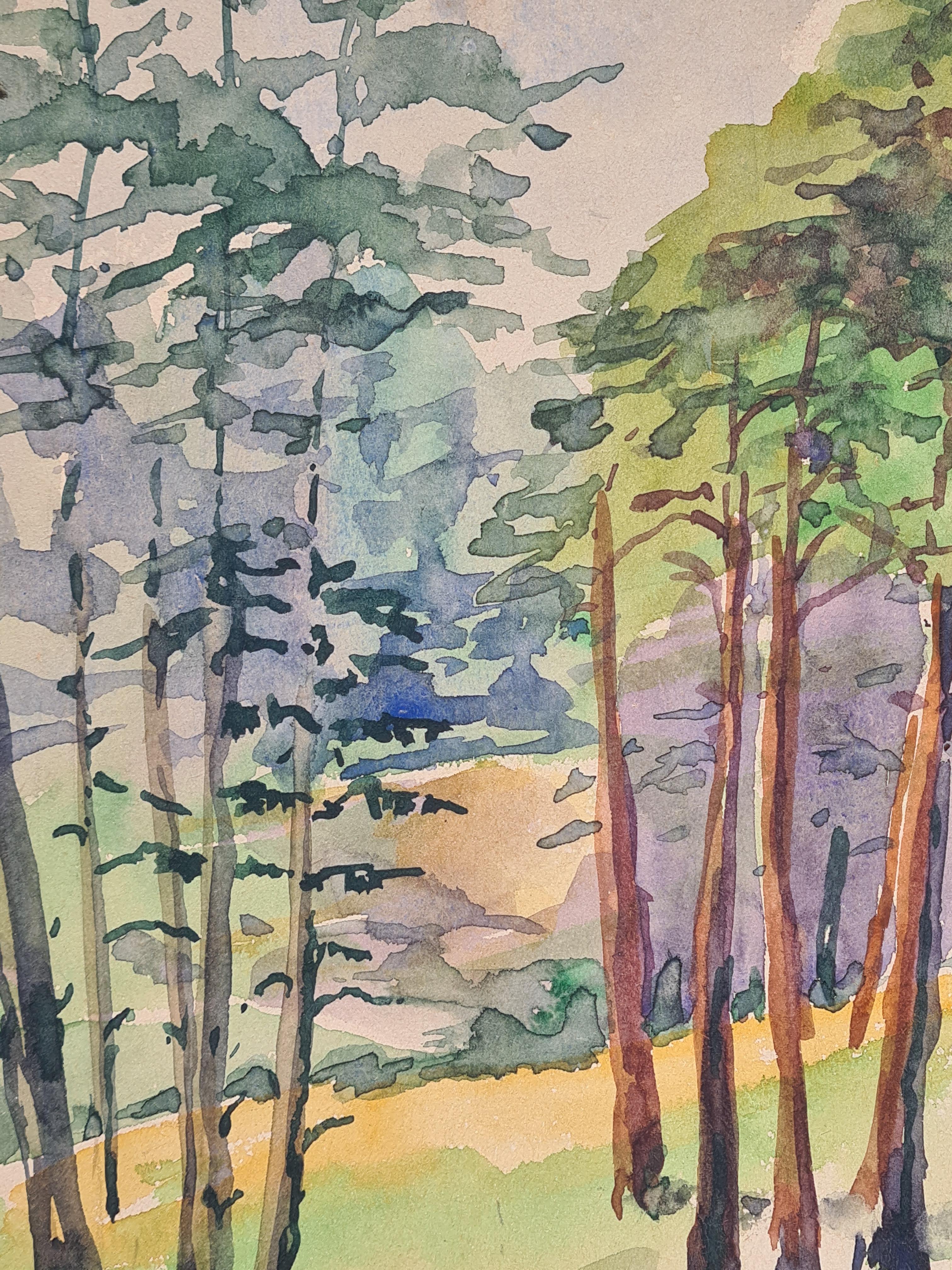French Barbizon School Watercolour of a Forest at Craponne For Sale 1