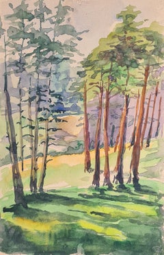 Vintage French Barbizon School Watercolour of a Forest at Craponne