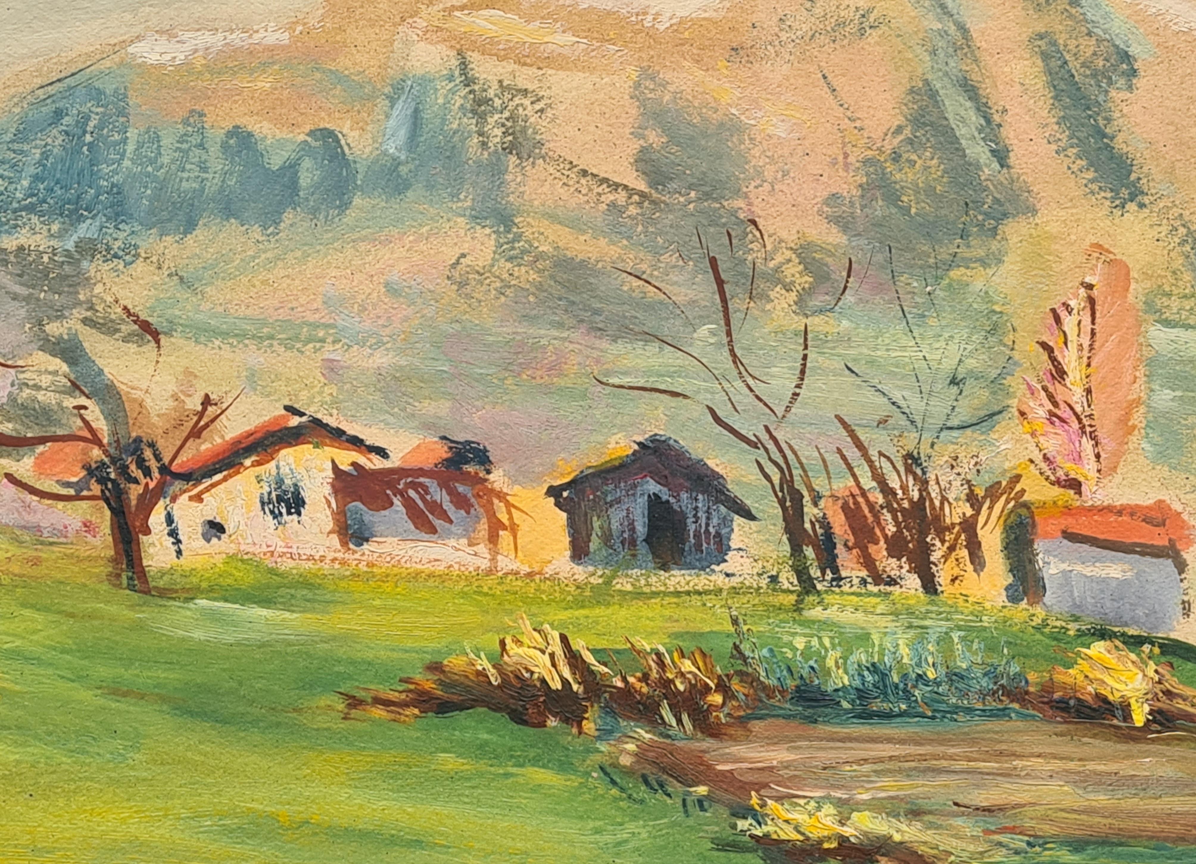 1930's French Barbizon School, Farm and Mountain Landscape - Painting by Henri Clamen
