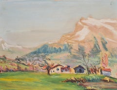 1930's French Barbizon School, Farm and Mountain Landscape