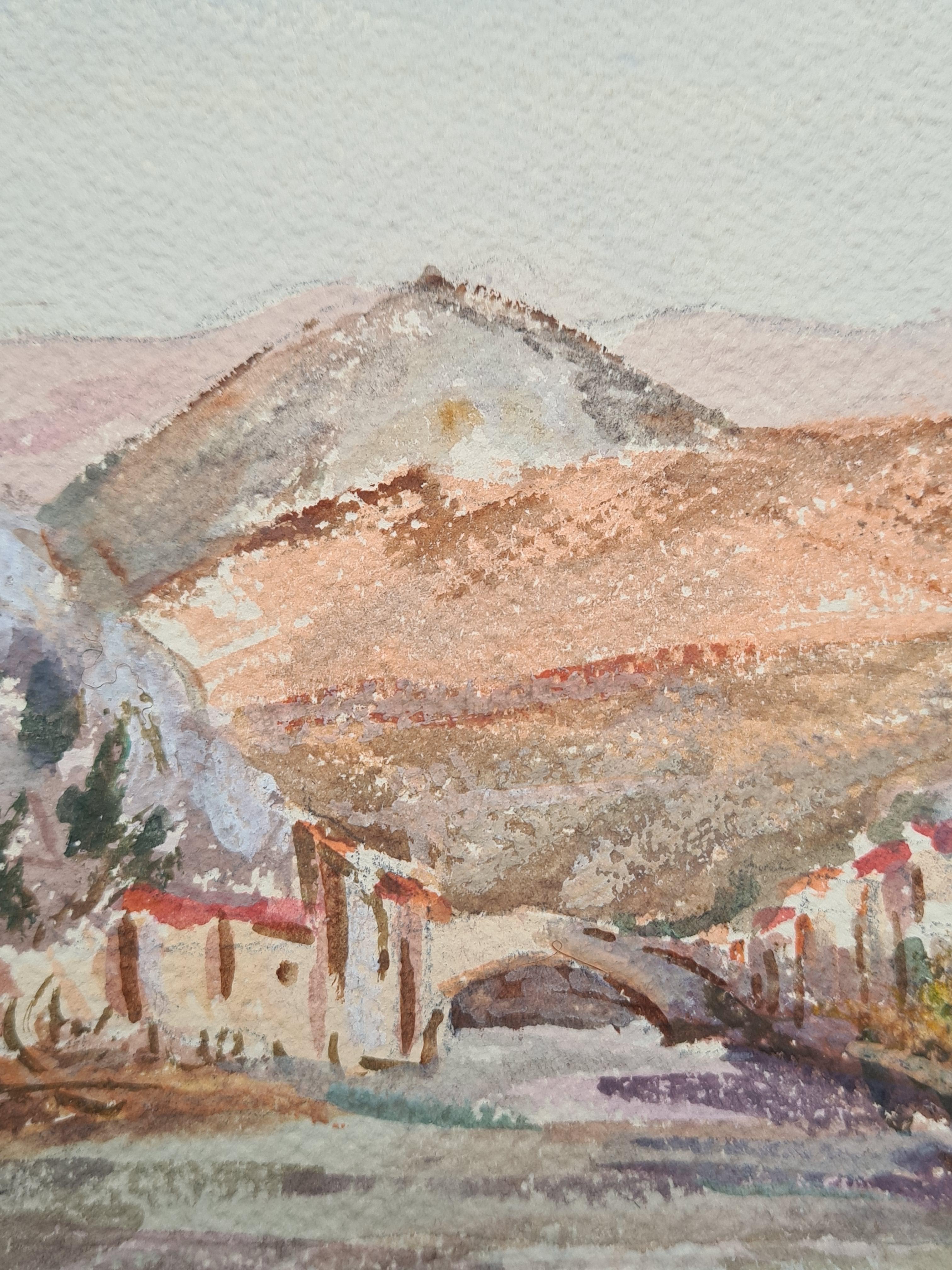 1930er Jahre Französisch Impressionist Aquarell eines Dorfes, Fluss und Berglandschaft – Painting von Henri Clamen