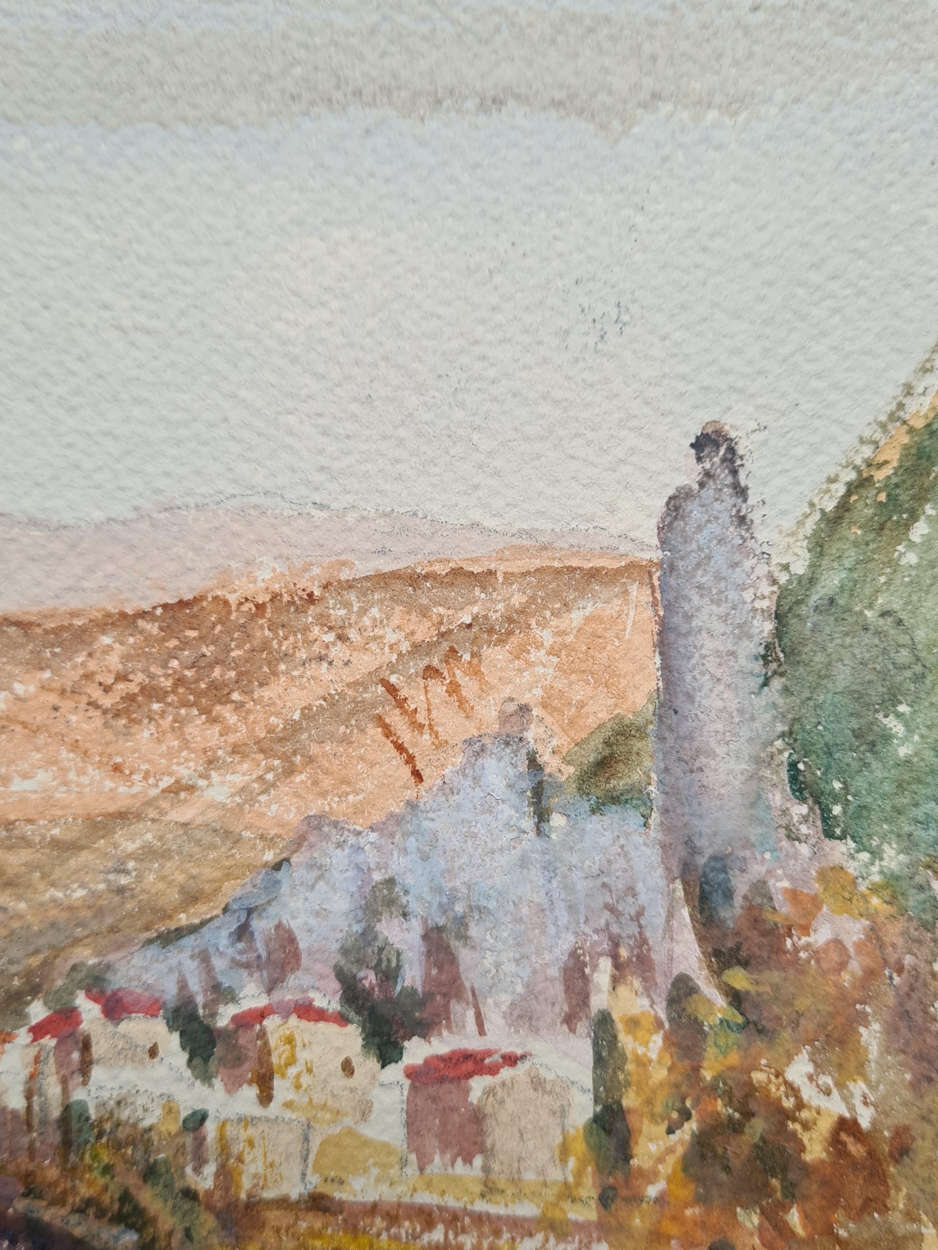 1930er Jahre Französisch Impressionist Aquarell eines Dorfes, Fluss und Berglandschaft (Impressionismus), Painting, von Henri Clamen