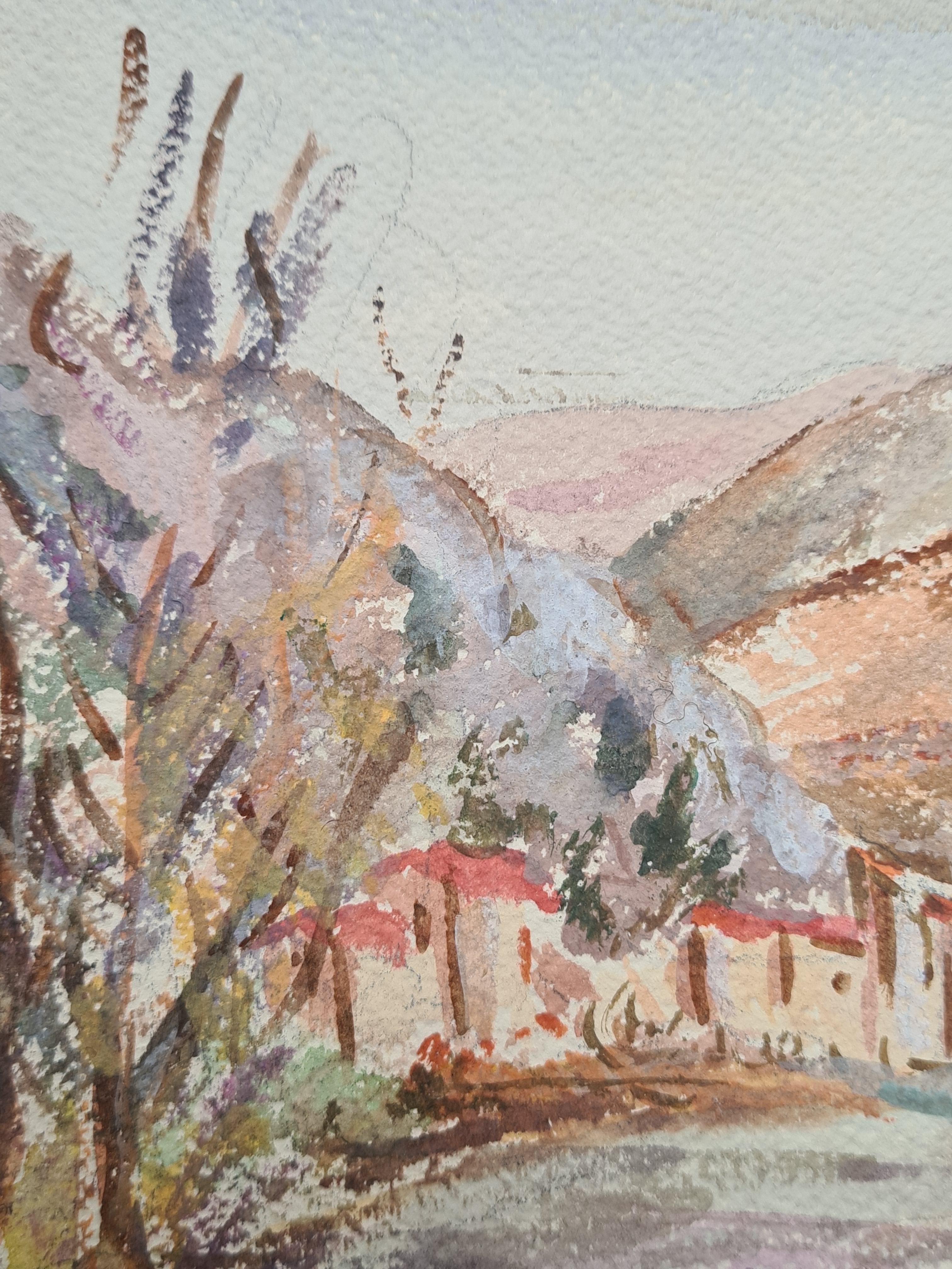 1930er Jahre Französisch Impressionist Aquarell eines Dorfes, Fluss und Berglandschaft (Beige), Landscape Painting, von Henri Clamen