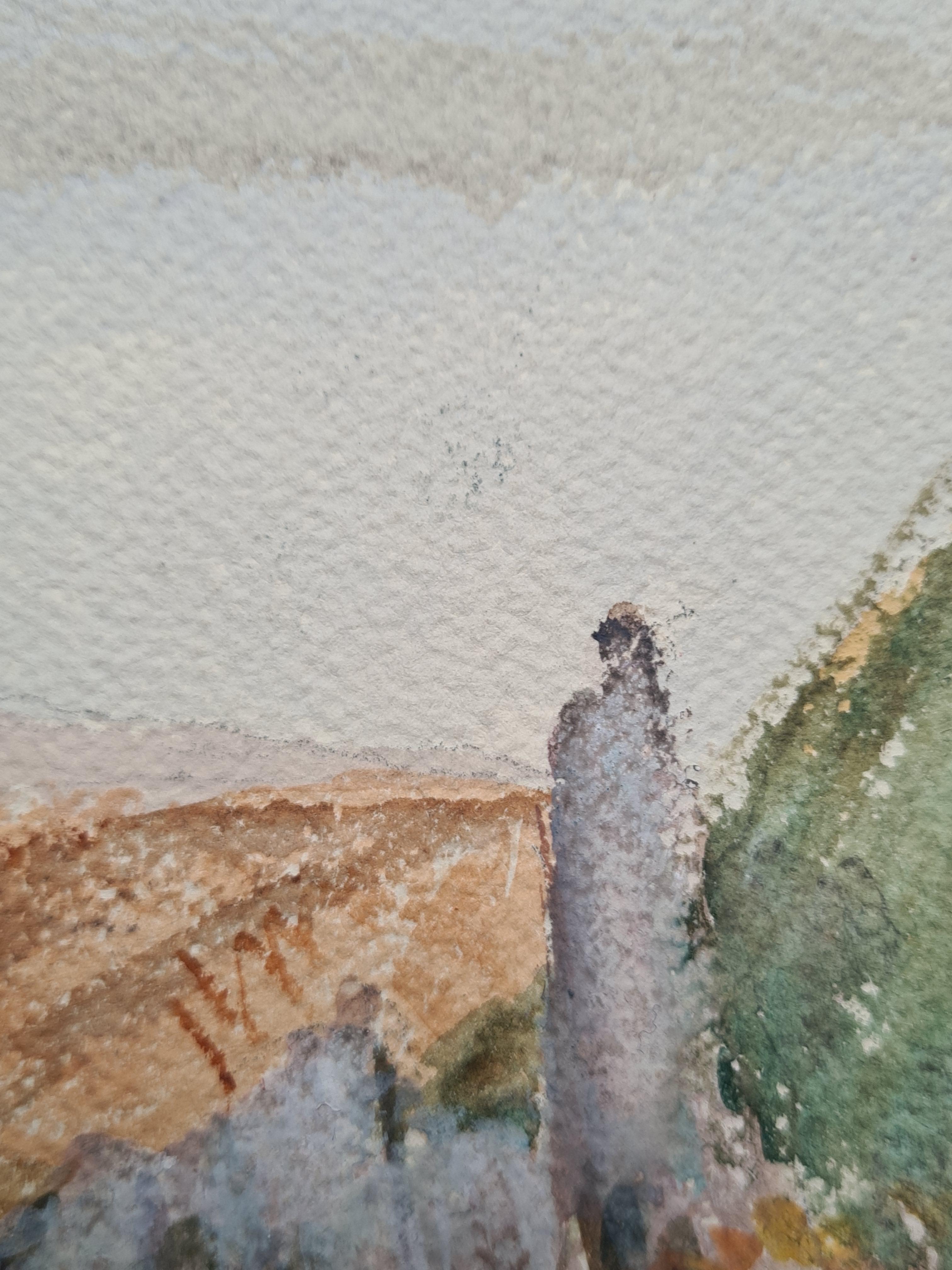 Französischer Impressionist, Aquarell auf Papier, Ansicht eines farbenfrohen Dorfes in einer Fluss- und Berglandschaft von Henri Clamen. Das Gemälde ist unsigniert, wurde aber mit anderen signierten Werken aus dem Atelier des Künstlers erworben.