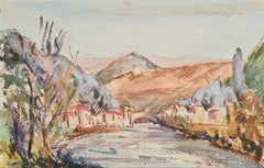 Acquerello impressionista francese degli anni '30 raffigurante un villaggio, un fiume e un paesaggio montano