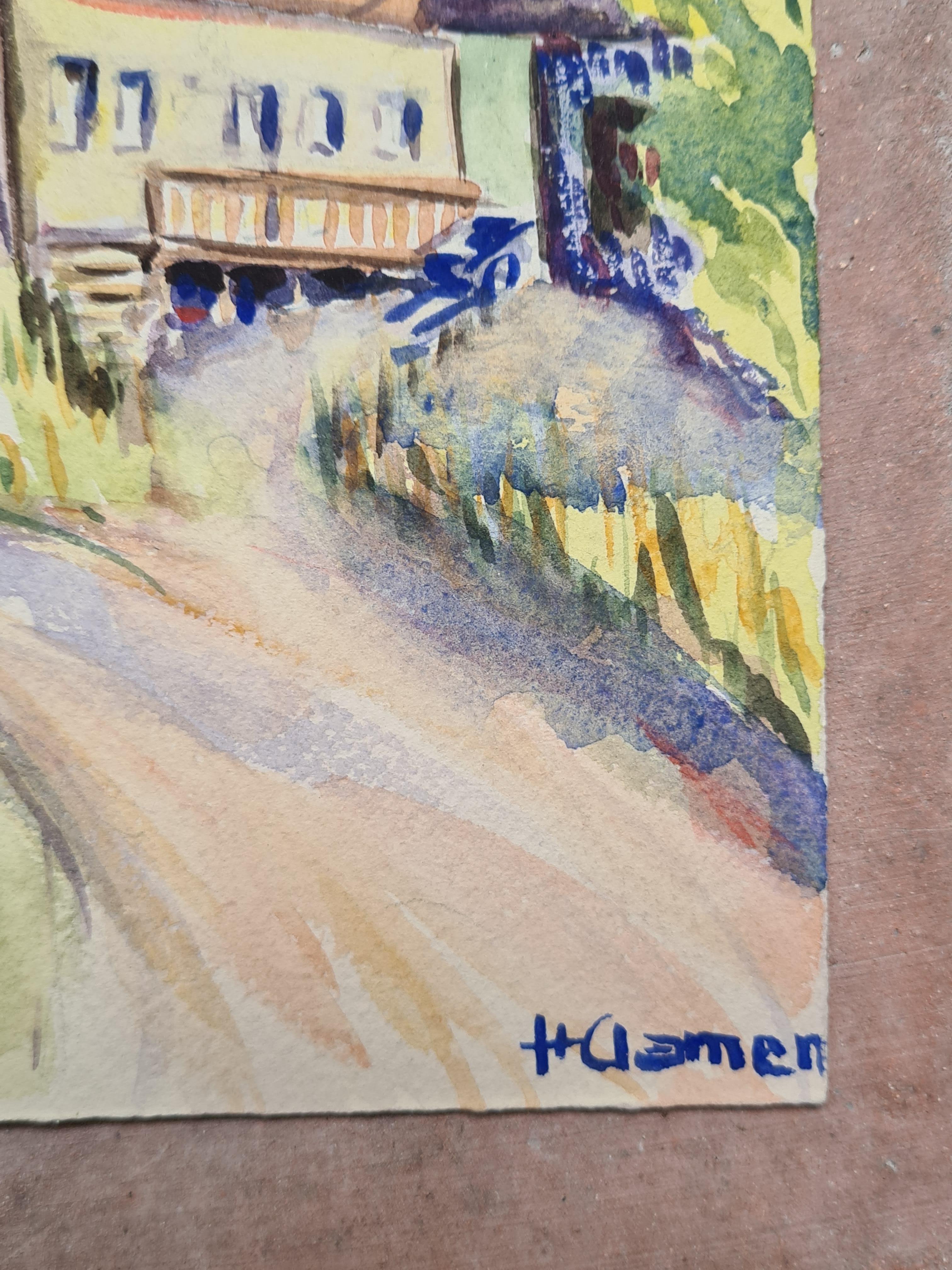 1930s French Impressionist Watercolour of A Mountain Chalet In A Landscape - Painting by Henri Clamen