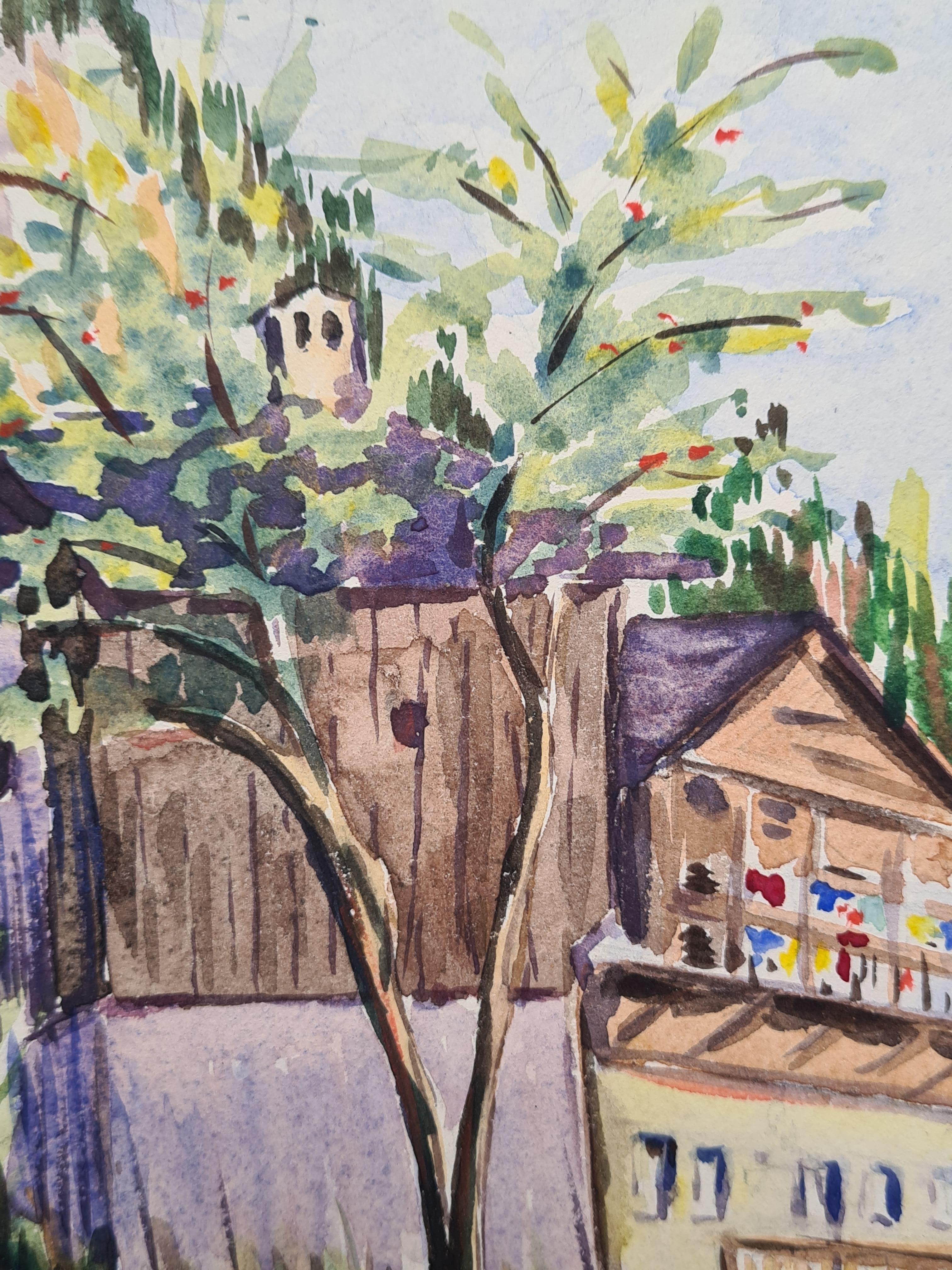 French Impressionist watercolour on paper view of a mountain chalet in a landscape by Henri Clamen. The painting is signed bottom right.

A charming view of a mountain chalet its characteristic wood verandas and shingle rooves. In front a small blue