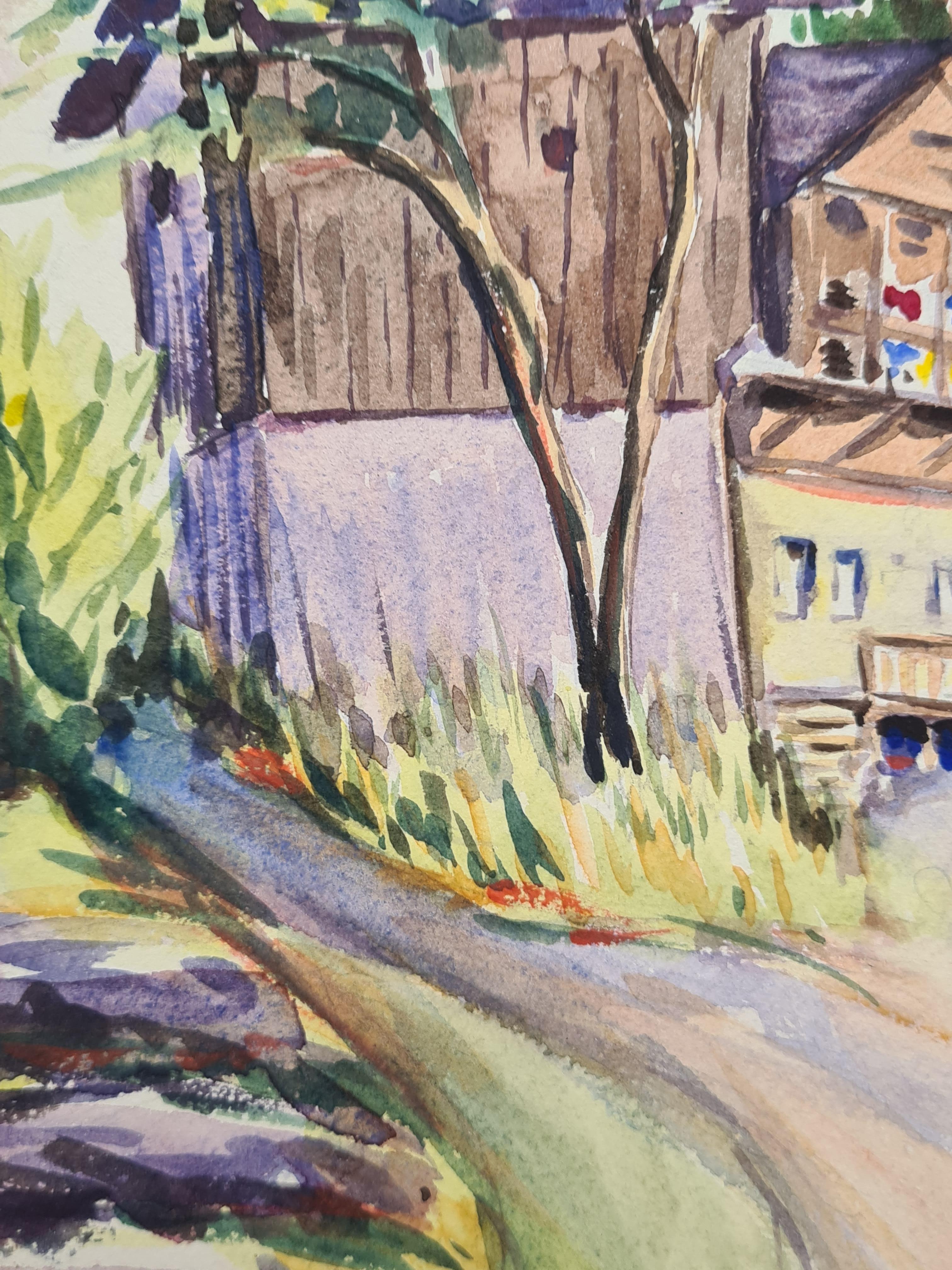 1930s French Impressionist Watercolour of A Mountain Chalet In A Landscape For Sale 1
