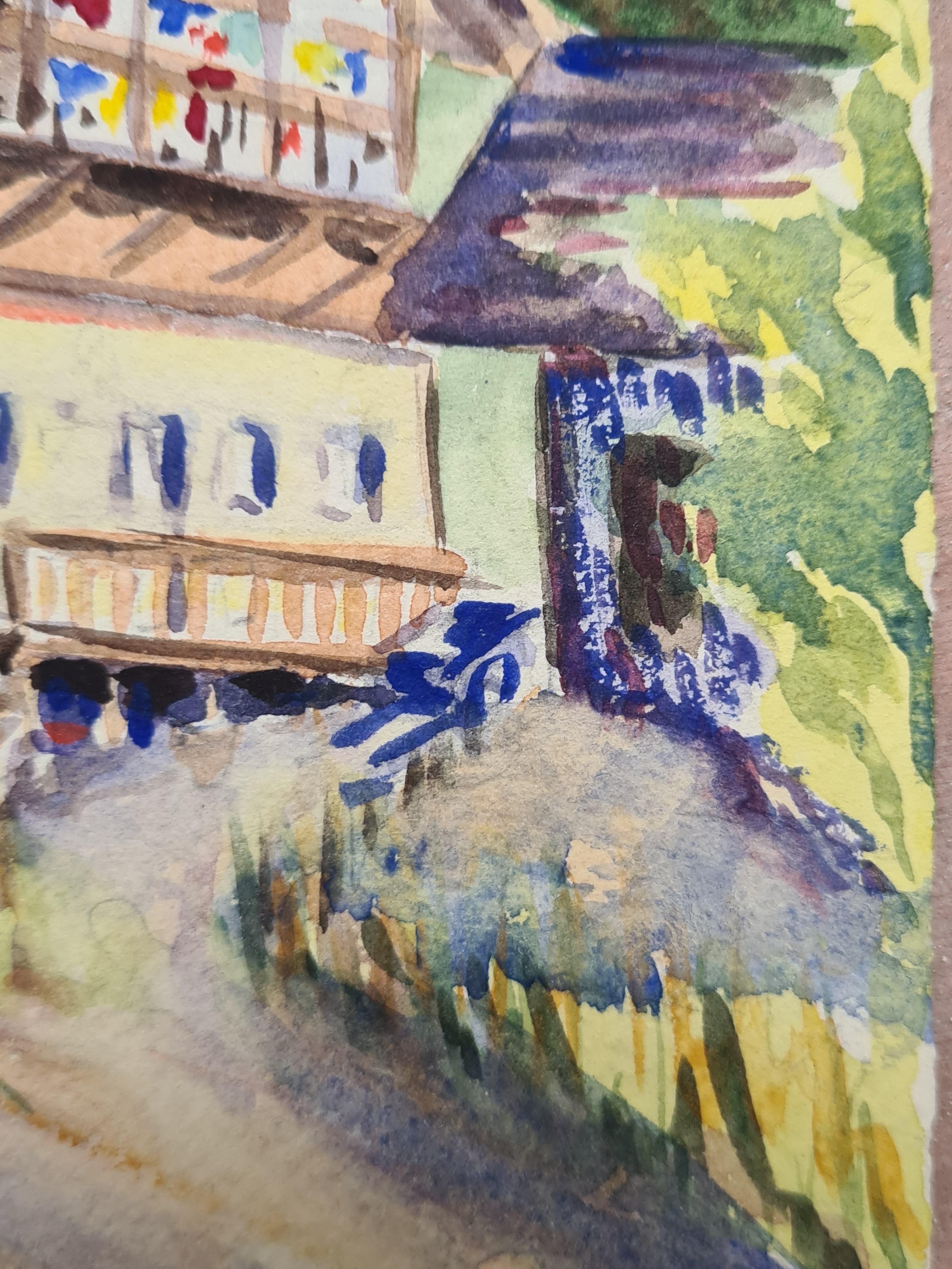 1930s French Impressionist Watercolour of A Mountain Chalet In A Landscape For Sale 3