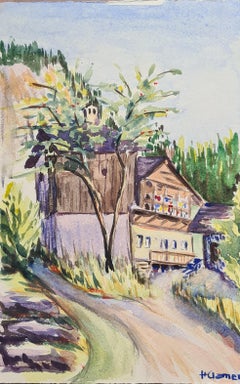 Aquarelle impressionniste française des années 1930 représentant un chalet de montagne dans un paysage