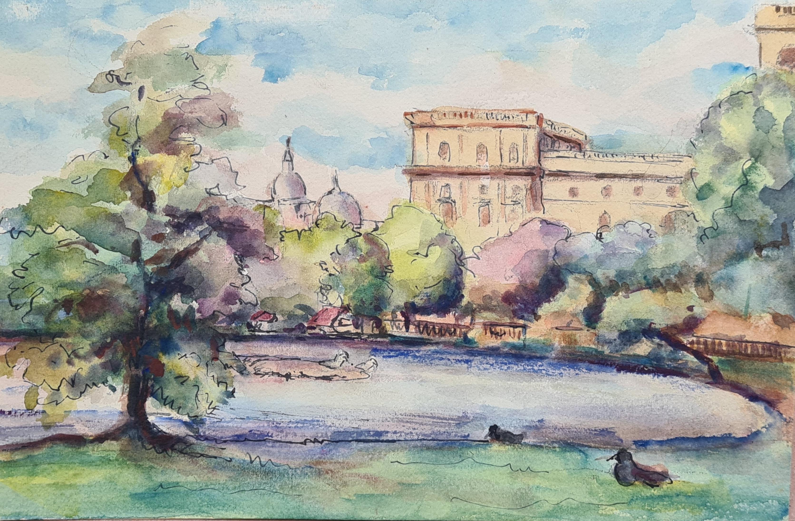1930s French Impressionist Watercolour of Paris, Ducks at the Pond