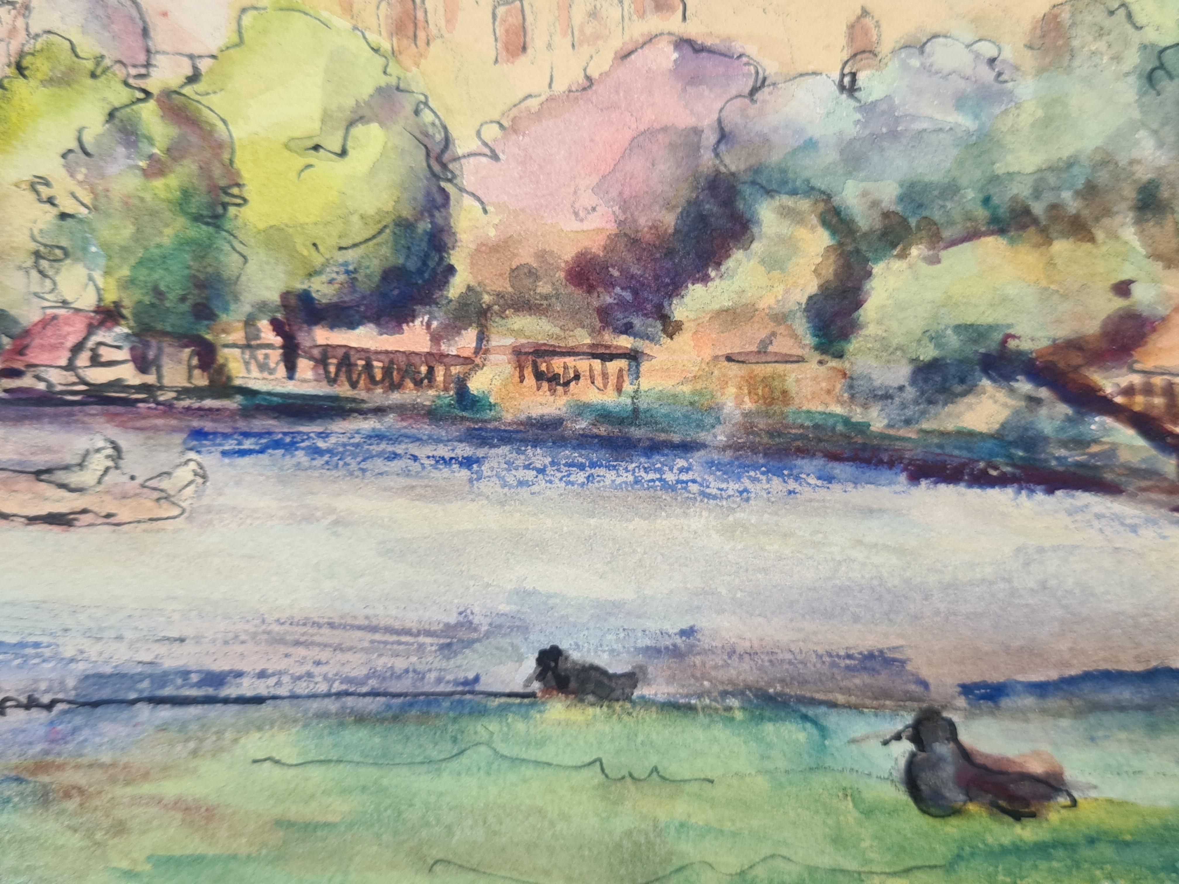 Aquarelle impressionniste française des années 1930, Ducks at the Pond - Painting de Henri Clamen