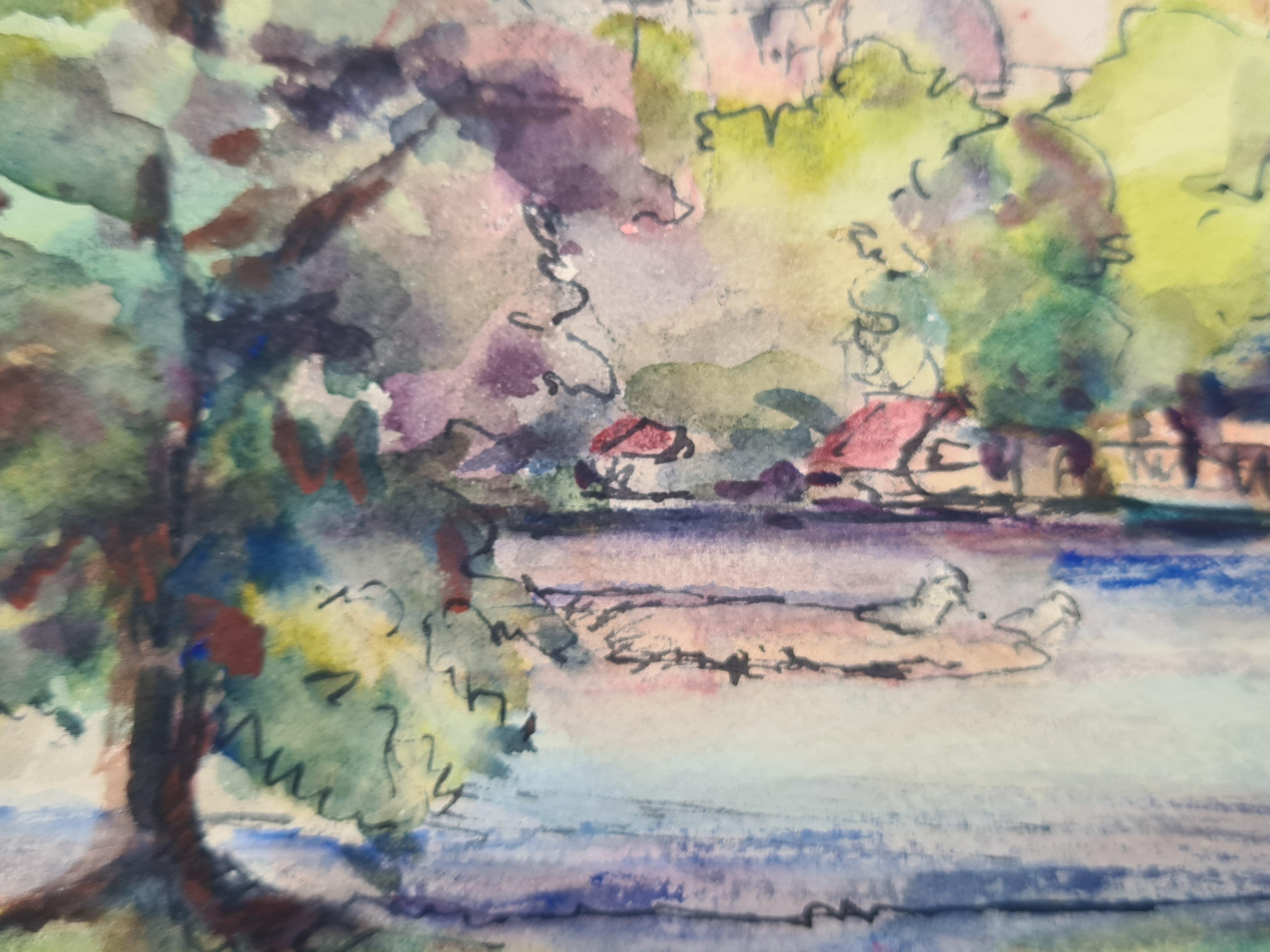 Aquarelle impressionniste française sur papier vue d'un parc dans une ville, probablement Paris, par Henri Clamen. Le tableau n'est pas signé mais a été acquis dans l'atelier de l'artiste avec d'autres œuvres signées. 

Une vue charmante d'un parc
