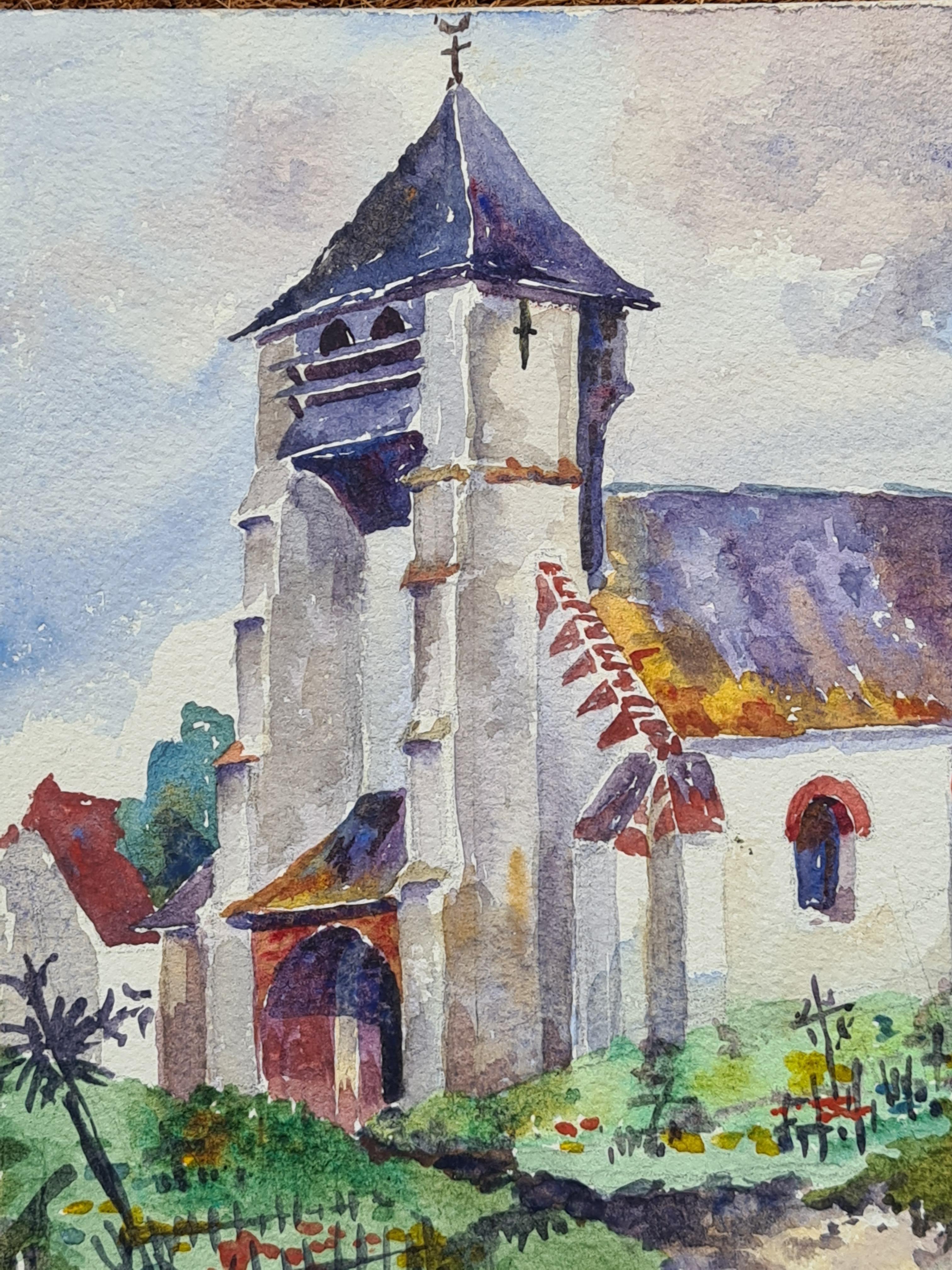 1930er Jahre Französisch Impressionist Aquarell einer Kirche (Impressionismus), Art, von Henri Clamen