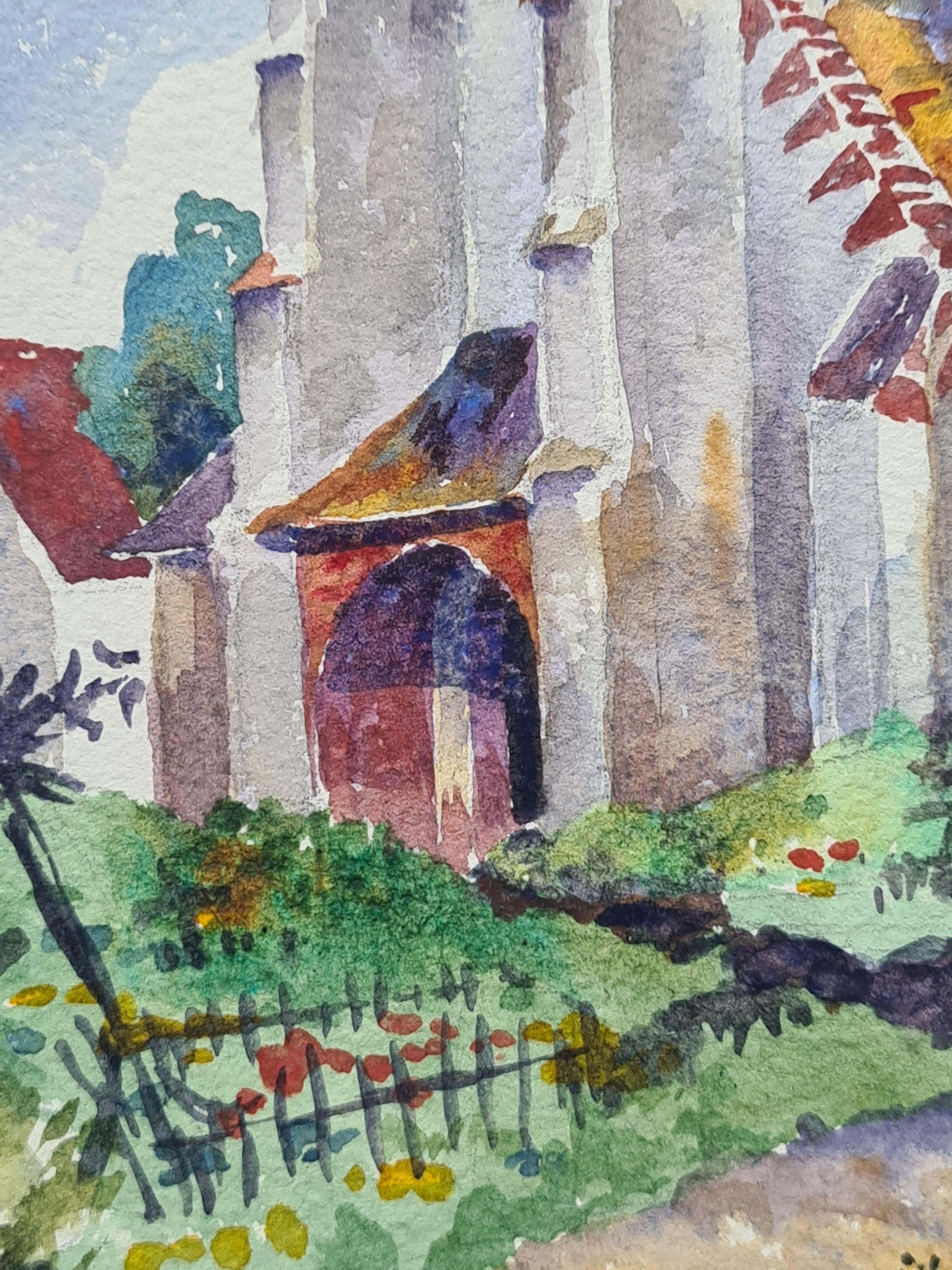 1930er Jahre Französisch Impressionist Aquarell einer Kirche (Grau), Landscape Art, von Henri Clamen