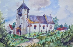 Acuarela impresionista francesa de 1930 de una iglesia
