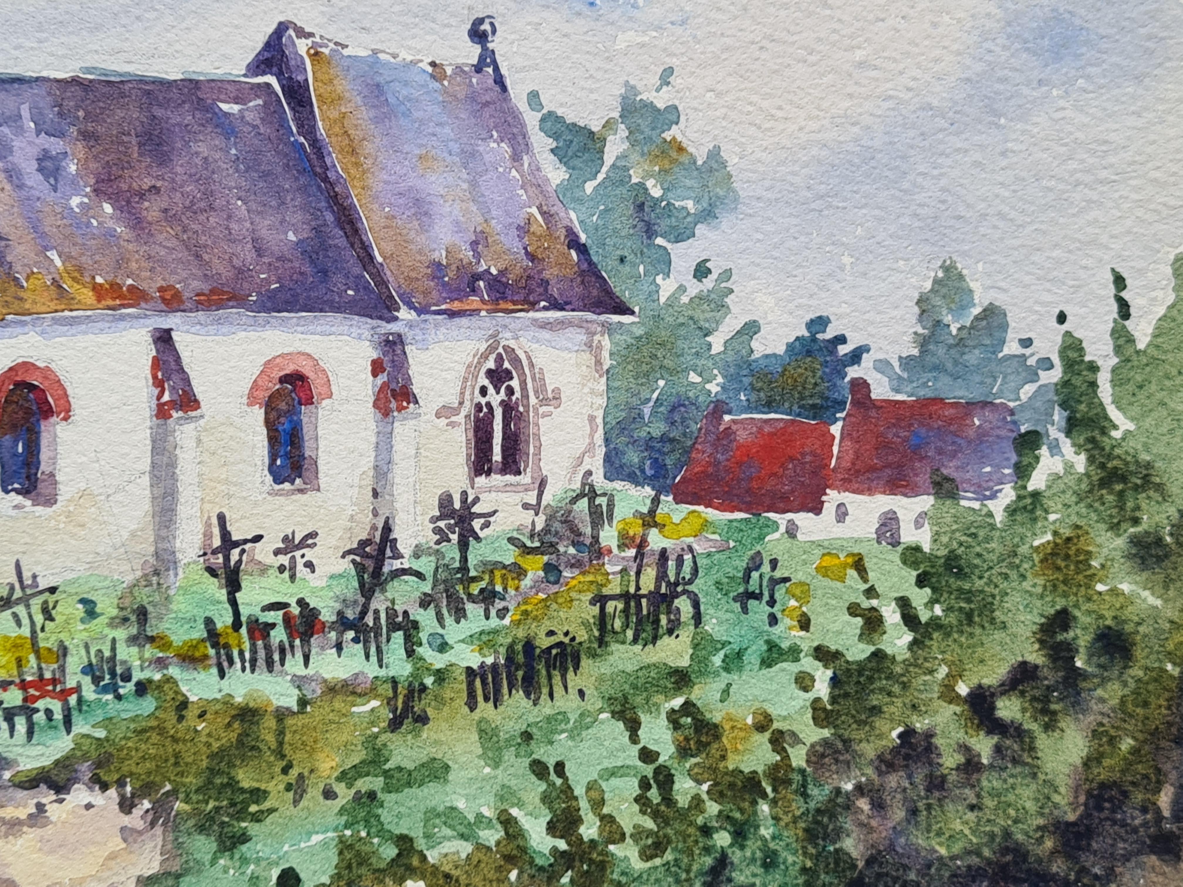 1930er Jahre Französisch Impressionist Aquarell einer Kirche – Art von Henri Clamen
